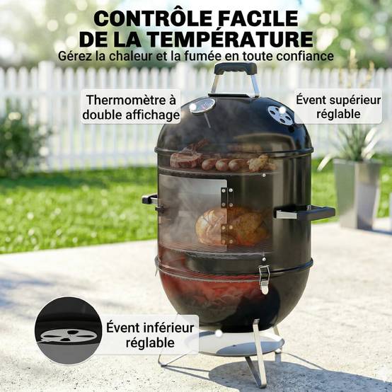 Fumoir 3 en 1 avec 3 Grilles de Cuisson, Thermomètre Intégré, Ventilation Réglable, 62,5x47,5x91cm, Noir - Image 8