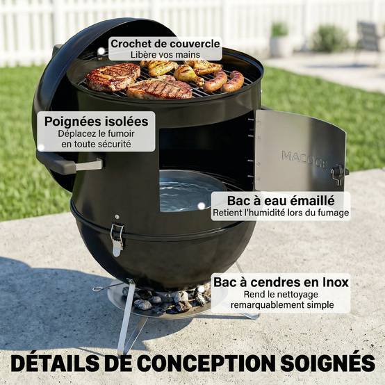 Fumoir 3 en 1 avec 3 Grilles de Cuisson, Thermomètre Intégré, Ventilation Réglable, 62,5x47,5x91cm, Noir - Image 10
