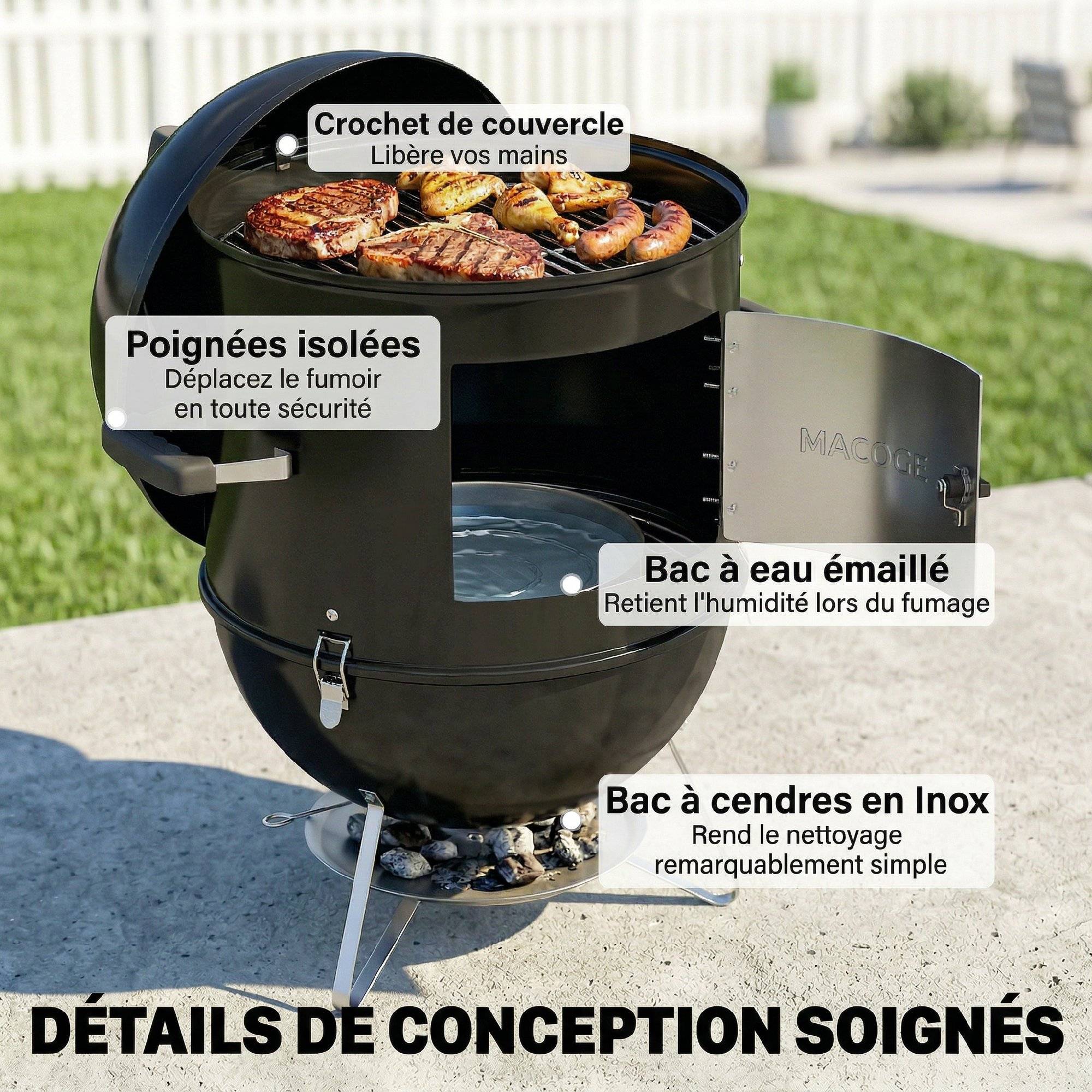 Fumoir 3 en 1 avec 3 Grilles de Cuisson, Thermomètre Intégré, Ventilation Réglable, 62,5x47,5x91cm, Noir - Image 10