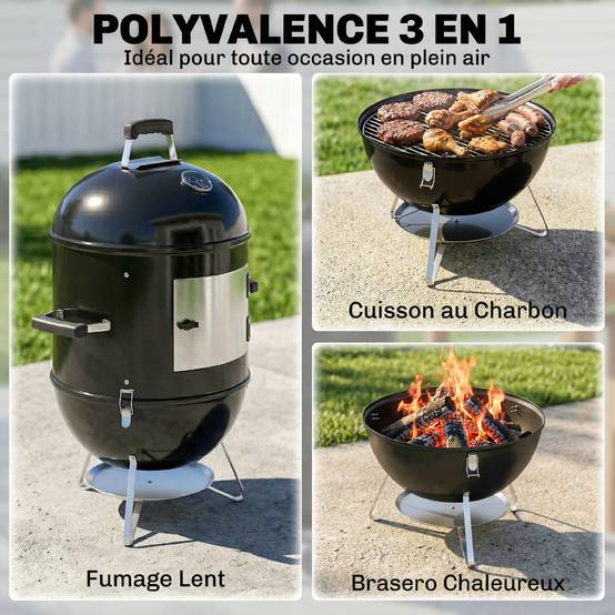 Fumoir 3 en 1 avec 3 Grilles de Cuisson, Thermomètre Intégré, Ventilation Réglable, 62,5x47,5x91cm, Noir - Image 6