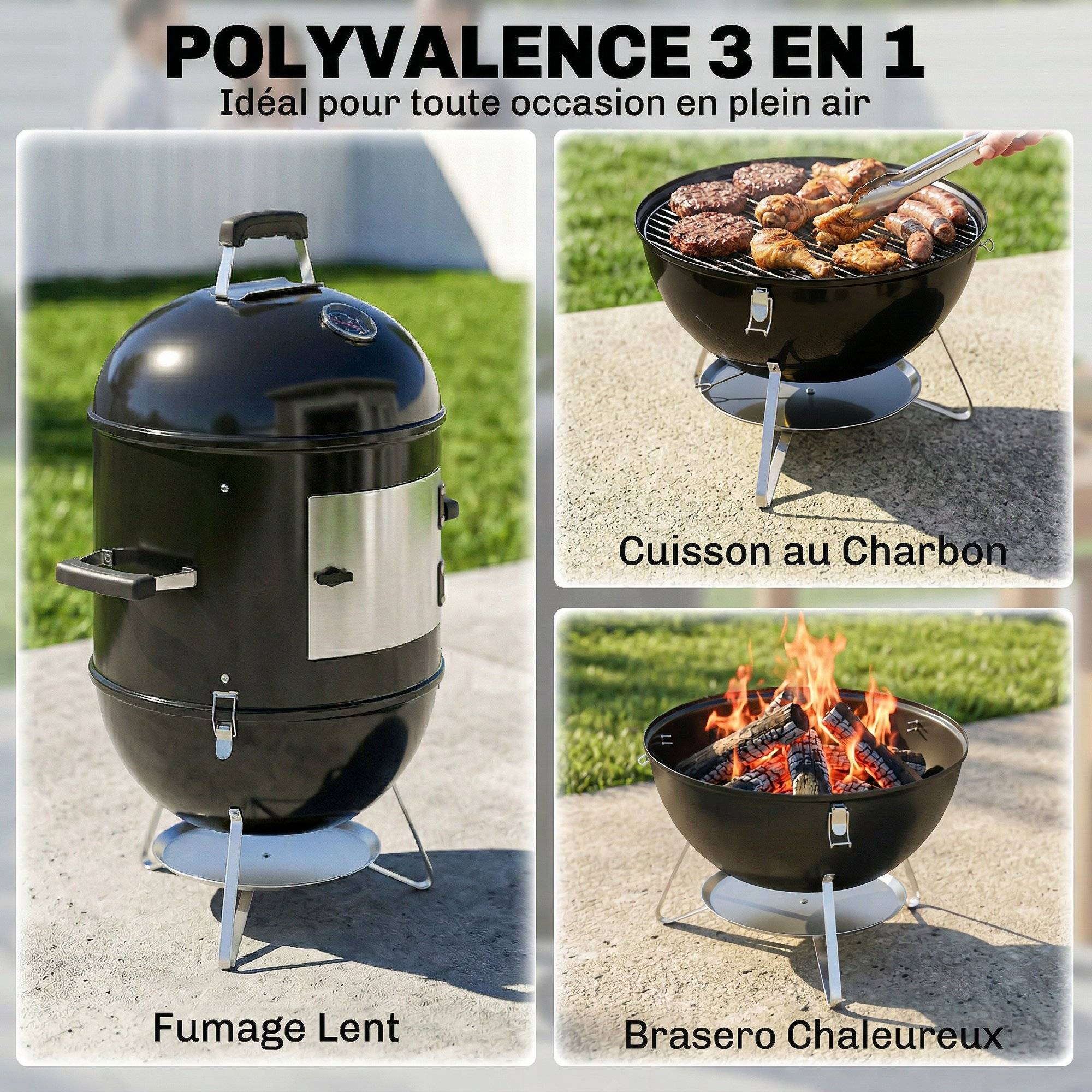 Fumoir 3 en 1 avec 3 Grilles de Cuisson, Thermomètre Intégré, Ventilation Réglable, 62,5x47,5x91cm, Noir - Image 6