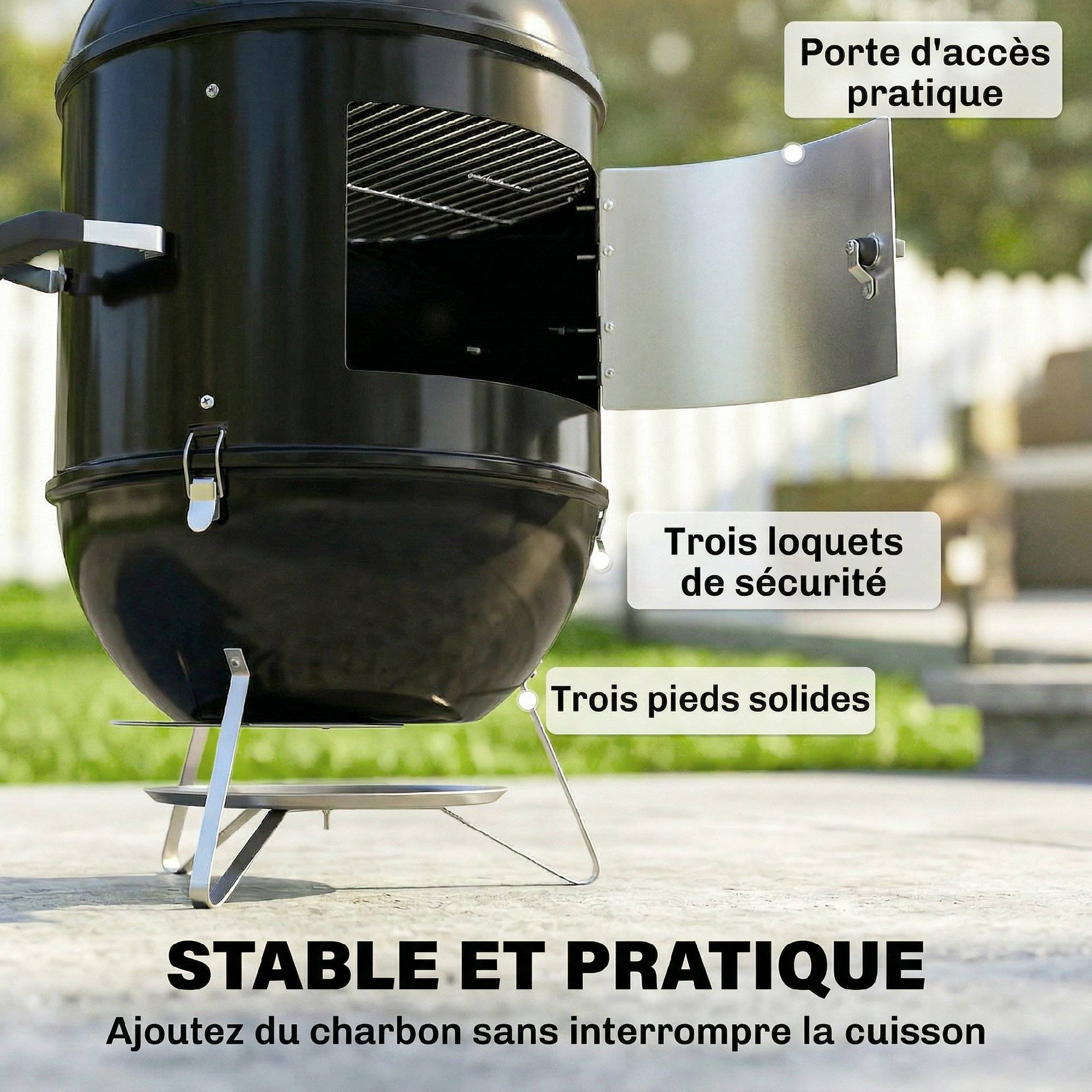 Fumoir 3 en 1 avec 3 Grilles de Cuisson, Thermomètre Intégré, Ventilation Réglable, 62,5x47,5x91cm, Noir - Image 9