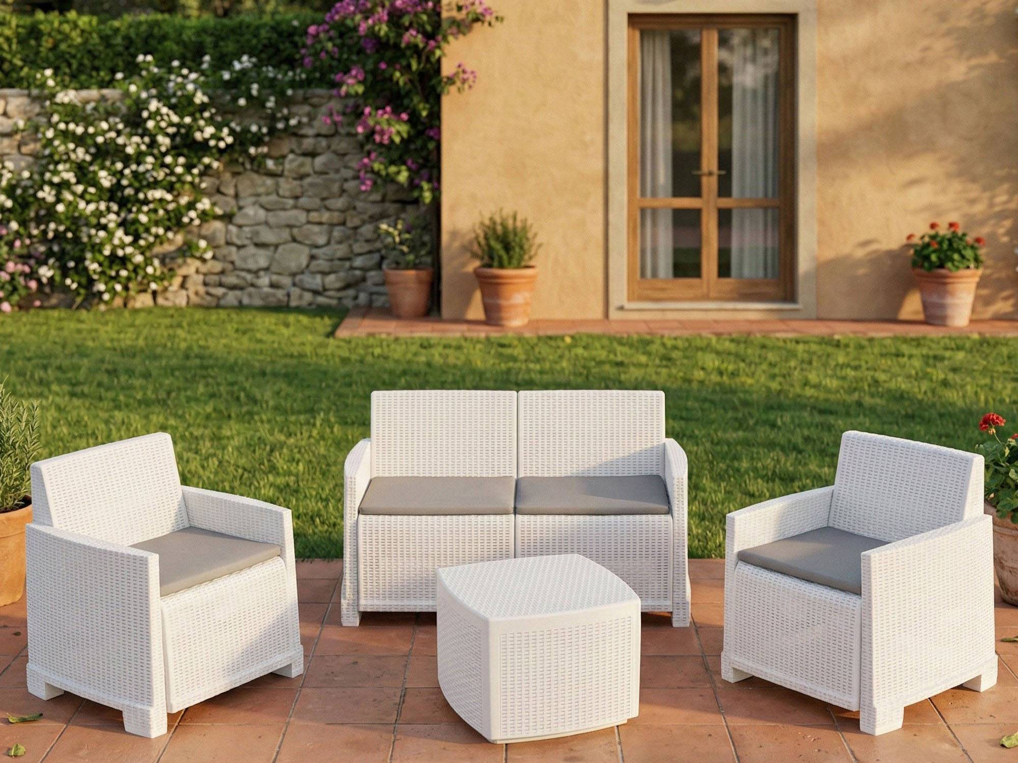 Dmora - Salon d'extérieur Peschici, Composition de jardin avec 2 fauteuils, 1 canapé et 1 table de rangement, Effet rotin avec coussins, Blanc - Dmora - Imagen 4