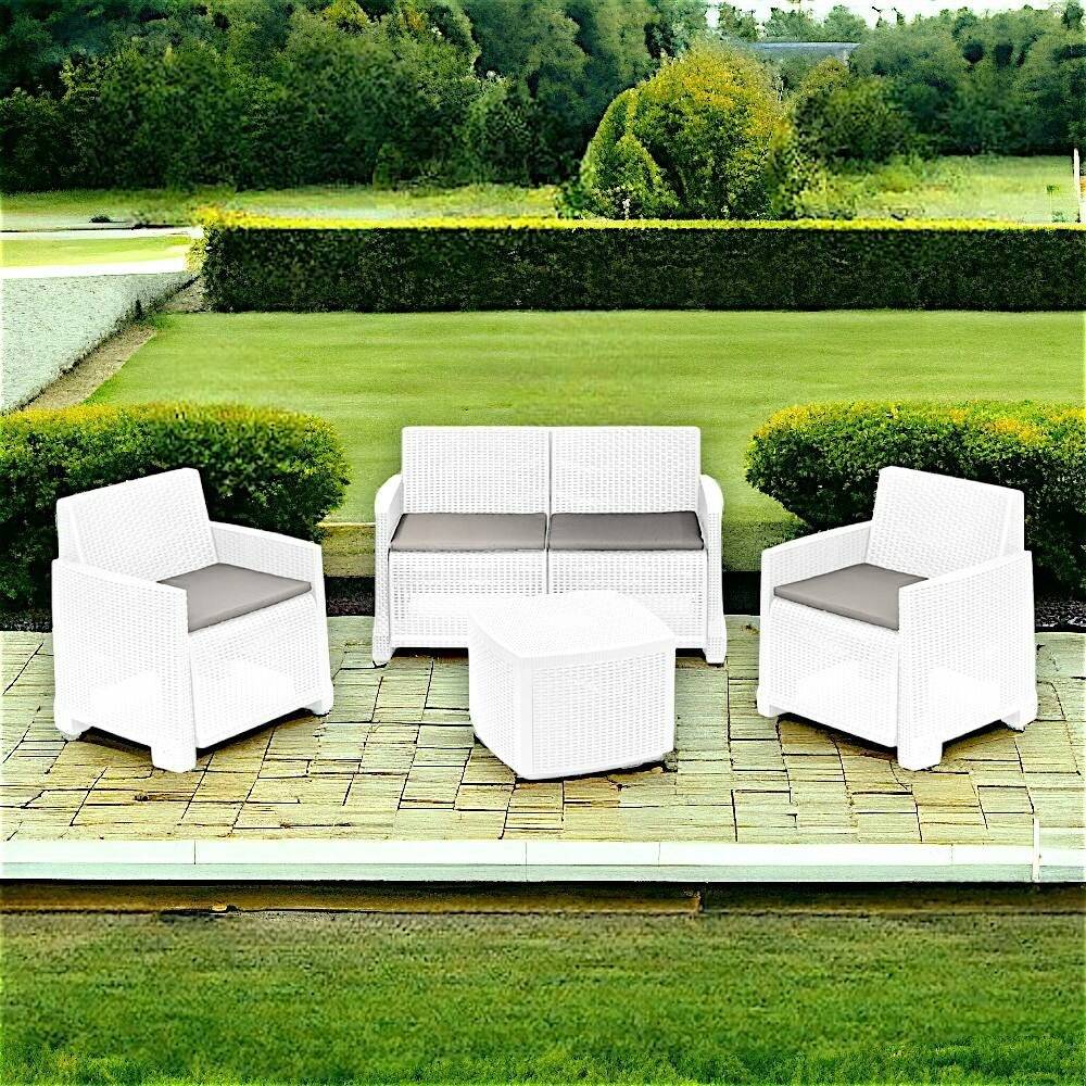 Dmora - Salon d'extérieur Peschici, Composition de jardin avec 2 fauteuils, 1 canapé et 1 table de rangement, Effet rotin avec coussins, Blanc - Dmora - Imagen 5