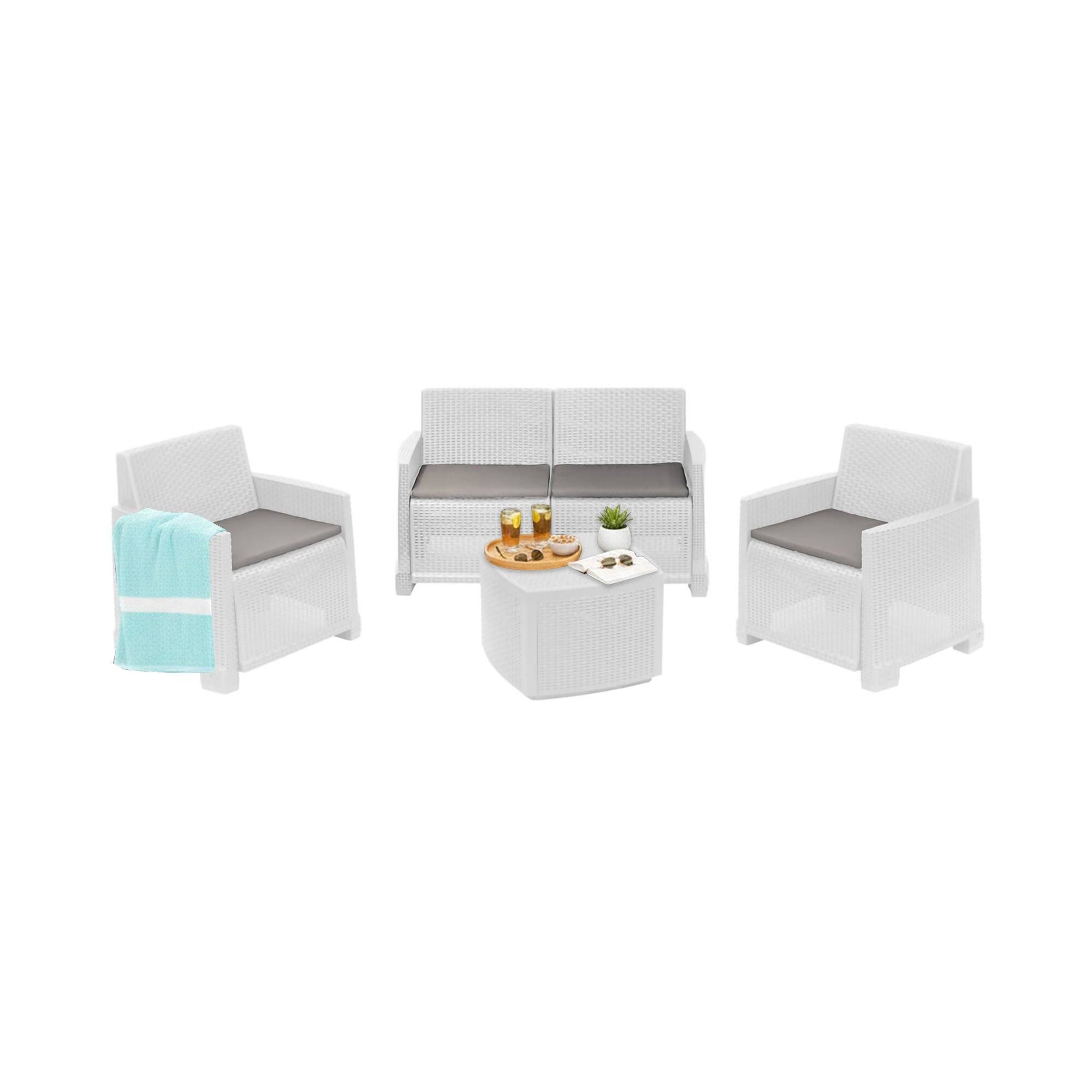 Dmora - Salon d'extérieur Peschici, Composition de jardin avec 2 fauteuils, 1 canapé et 1 table de rangement, Effet rotin avec coussins, Blanc - Dmora - Imagen 1