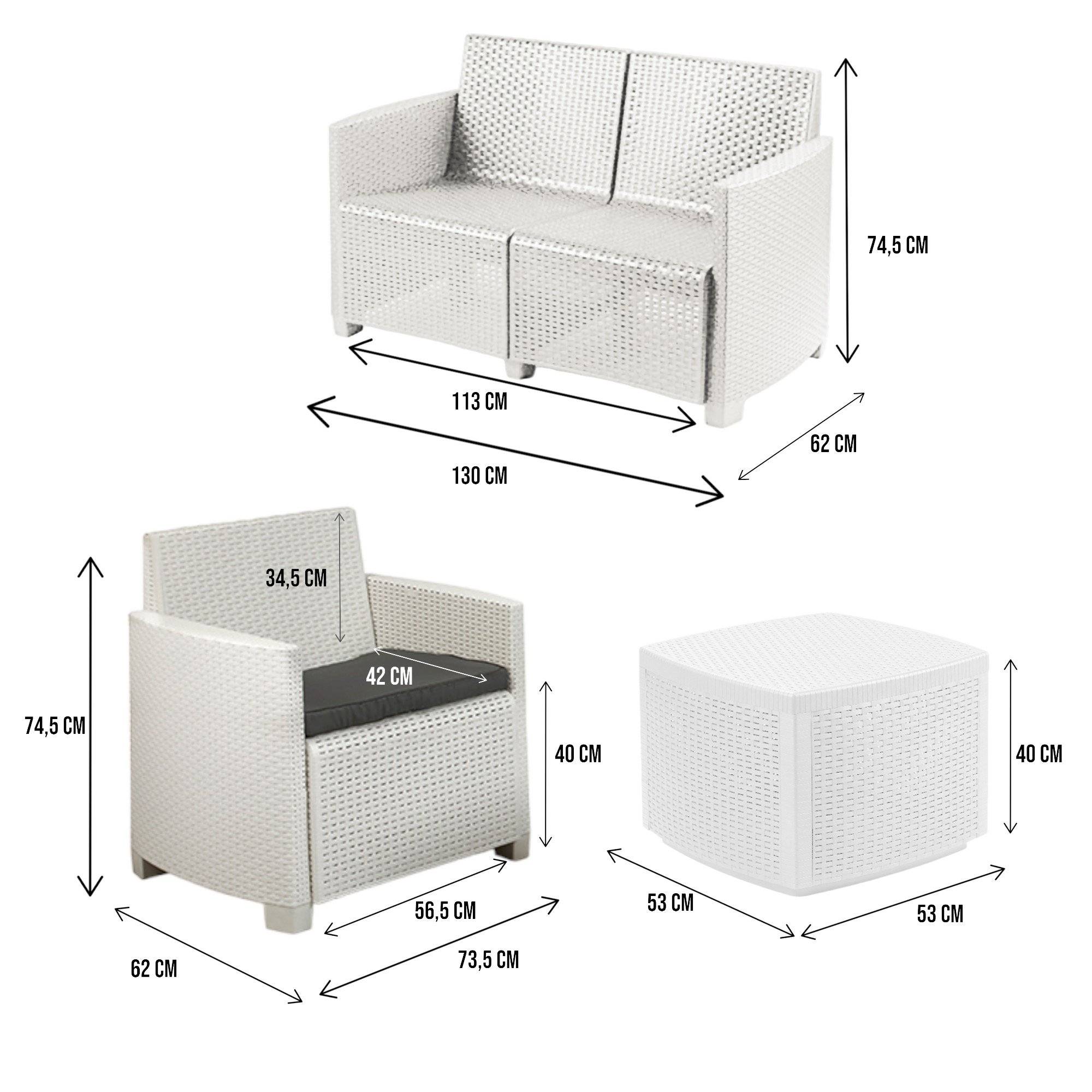 Dmora - Salon d'extérieur Peschici, Composition de jardin avec 2 fauteuils, 1 canapé et 1 table de rangement, Effet rotin avec coussins, Blanc - Dmora - Imagen 3