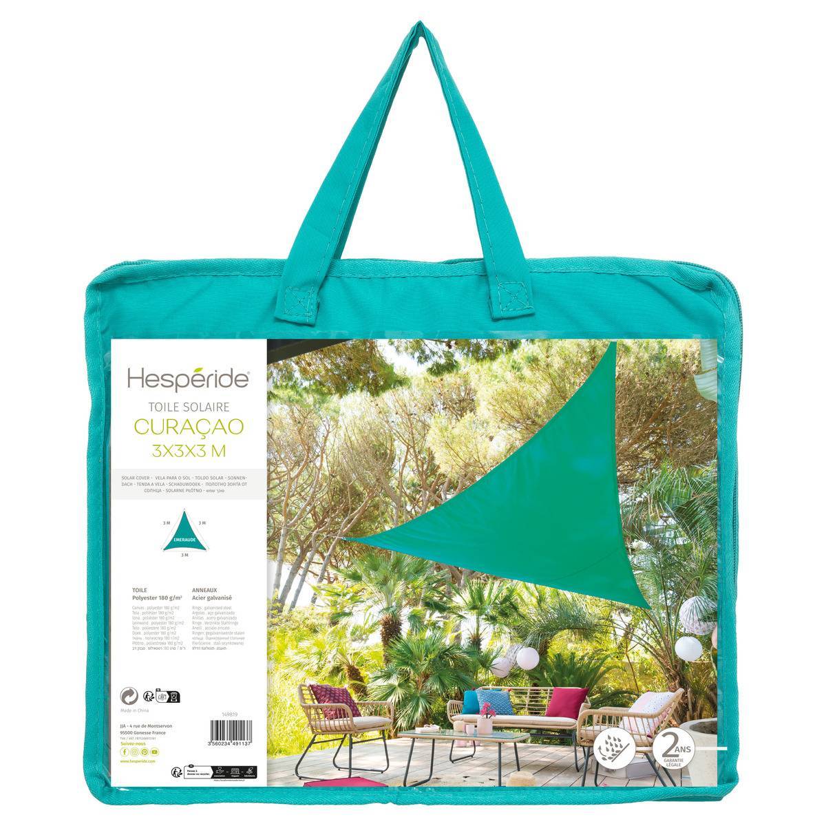 Hesperide - Voile d'ombrage triangulaire "Curacao" émeraude 3x3x3m en polyester Hespéride - Image 2