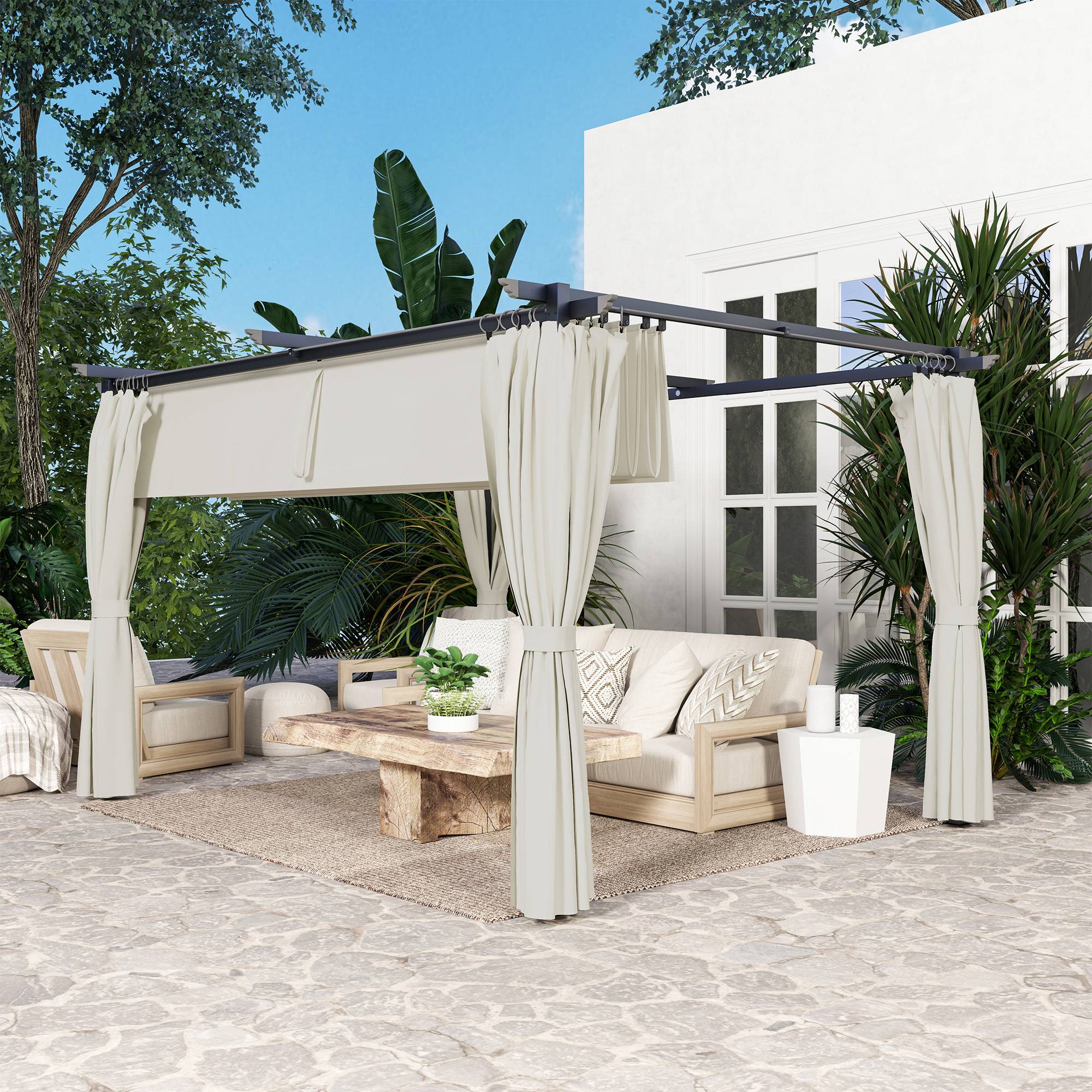 Outsunny - Pergola coulissante retractable 3x4m avec parois latérales, tonnelle jardin, abri soleil UPF30+ pour terrasse/patio polyester 180g/m² crème - OUTSUNNY - Image 2