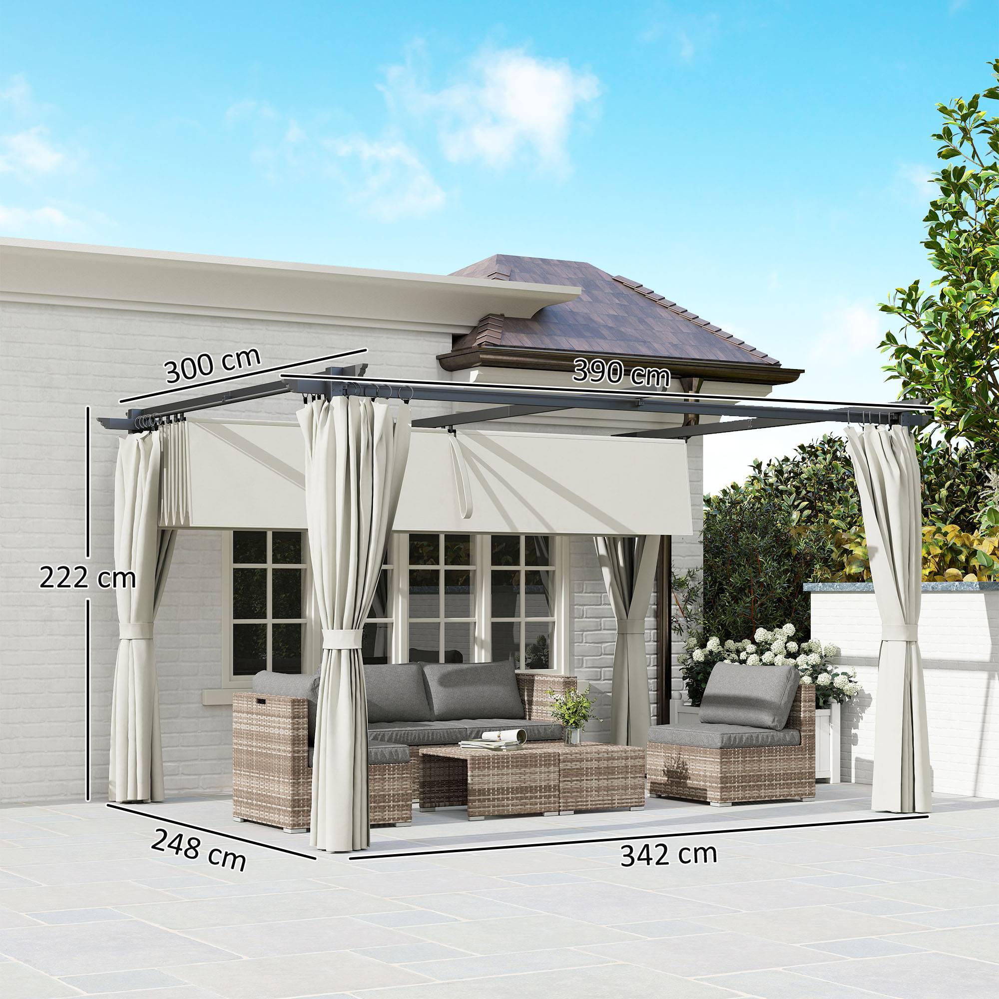 Outsunny - Pergola coulissante retractable 3x4m avec parois latérales, tonnelle jardin, abri soleil UPF30+ pour terrasse/patio polyester 180g/m² crème - OUTSUNNY - Image 3