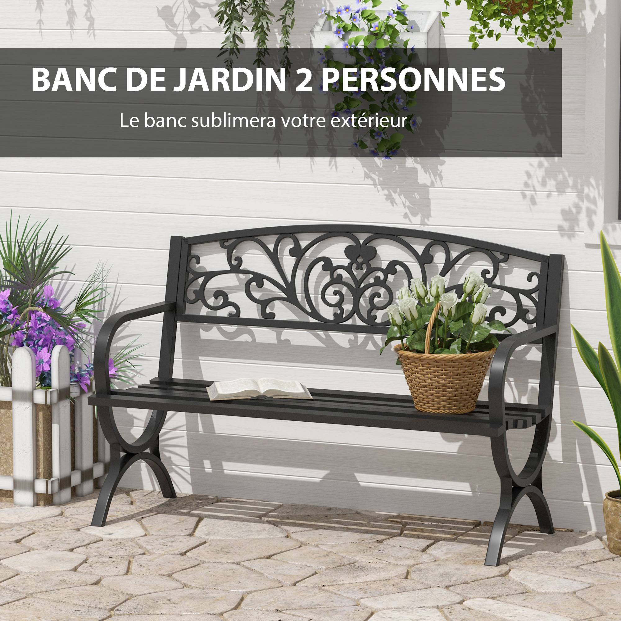 ComfortXL - Banc de Jardin 2 Places Acier Fonte Balcon Assise Lattes 127x60x85cm Noir - ComfortXL Outdoor Living - Image 6