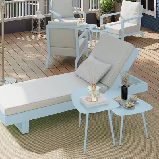 Sans Marque - Lot 2 tables basses jardin gigognes triangulaires acier patins ajustables bleu clair - Image 4
