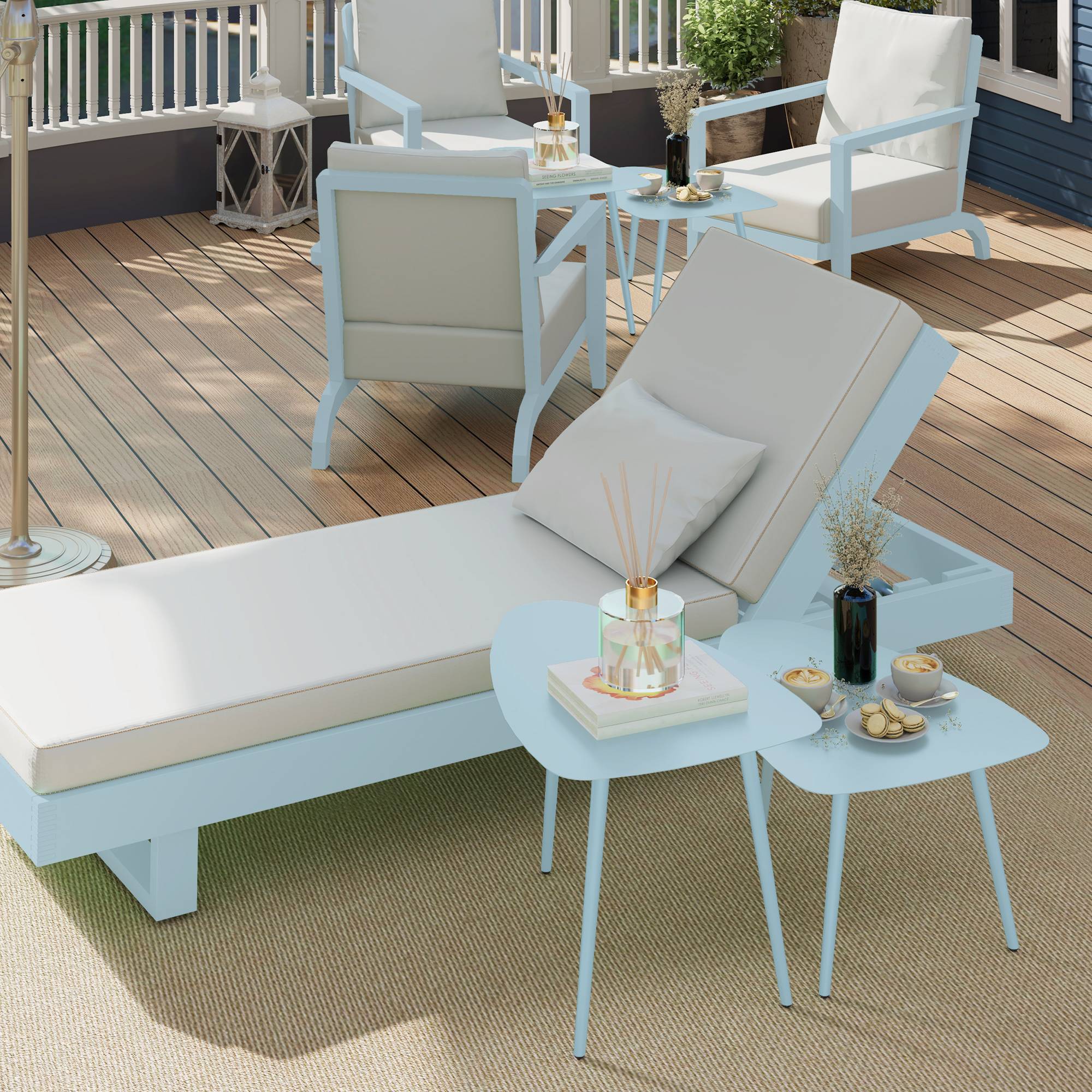 Sans Marque - Lot 2 tables basses jardin gigognes triangulaires acier patins ajustables bleu clair - Image 4