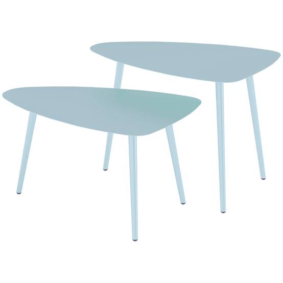 Sans Marque - Lot 2 tables basses jardin gigognes triangulaires acier patins ajustables bleu clair - Image 2