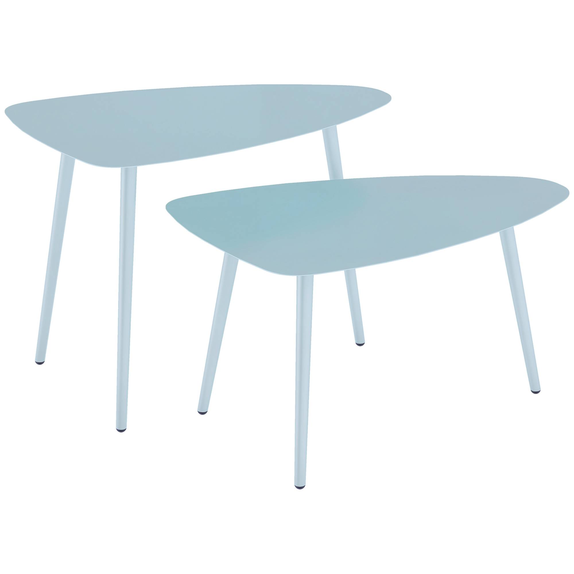 Sans Marque - Lot 2 tables basses jardin gigognes triangulaires acier patins ajustables bleu clair - Image 1