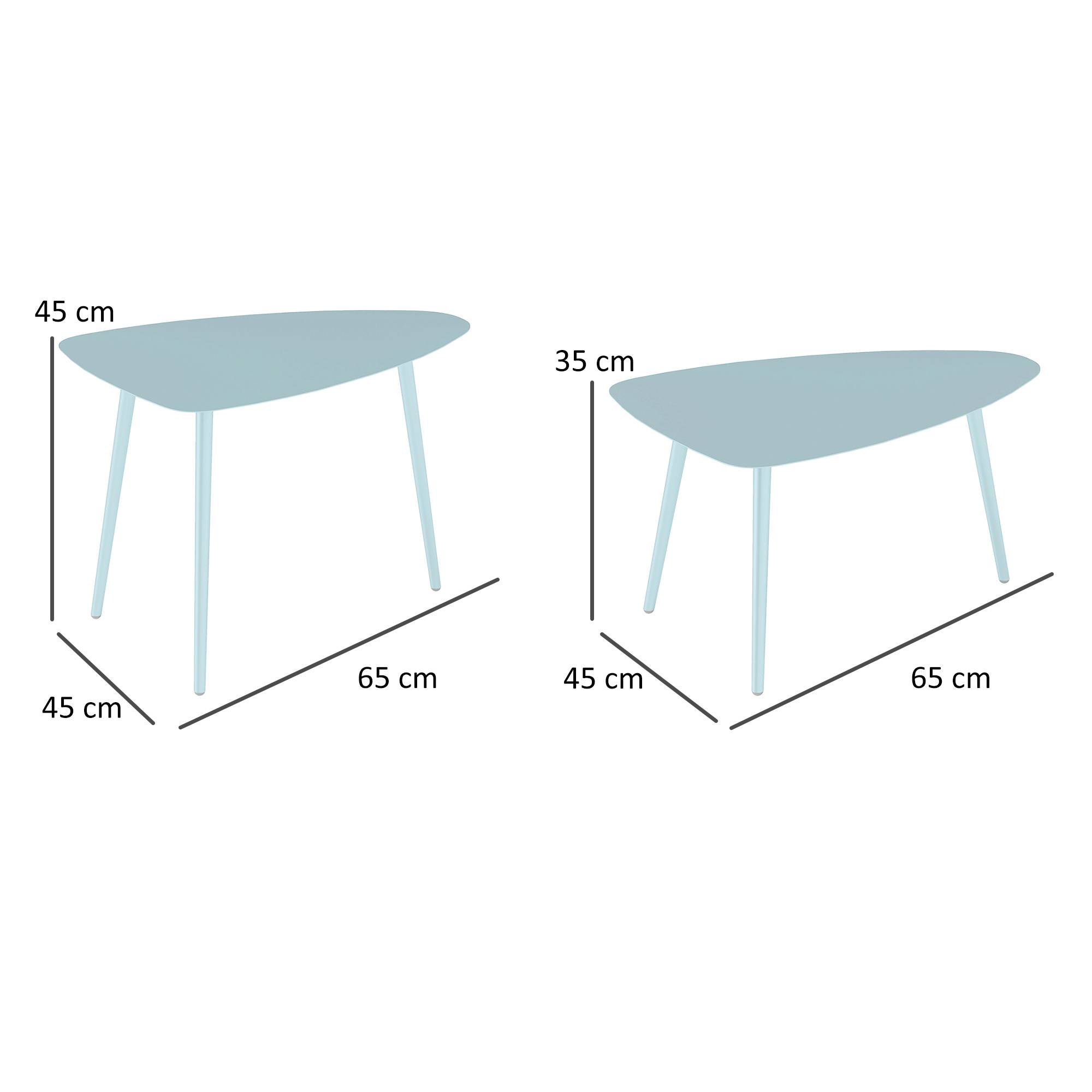 Sans Marque - Lot 2 tables basses jardin gigognes triangulaires acier patins ajustables bleu clair - Image 5