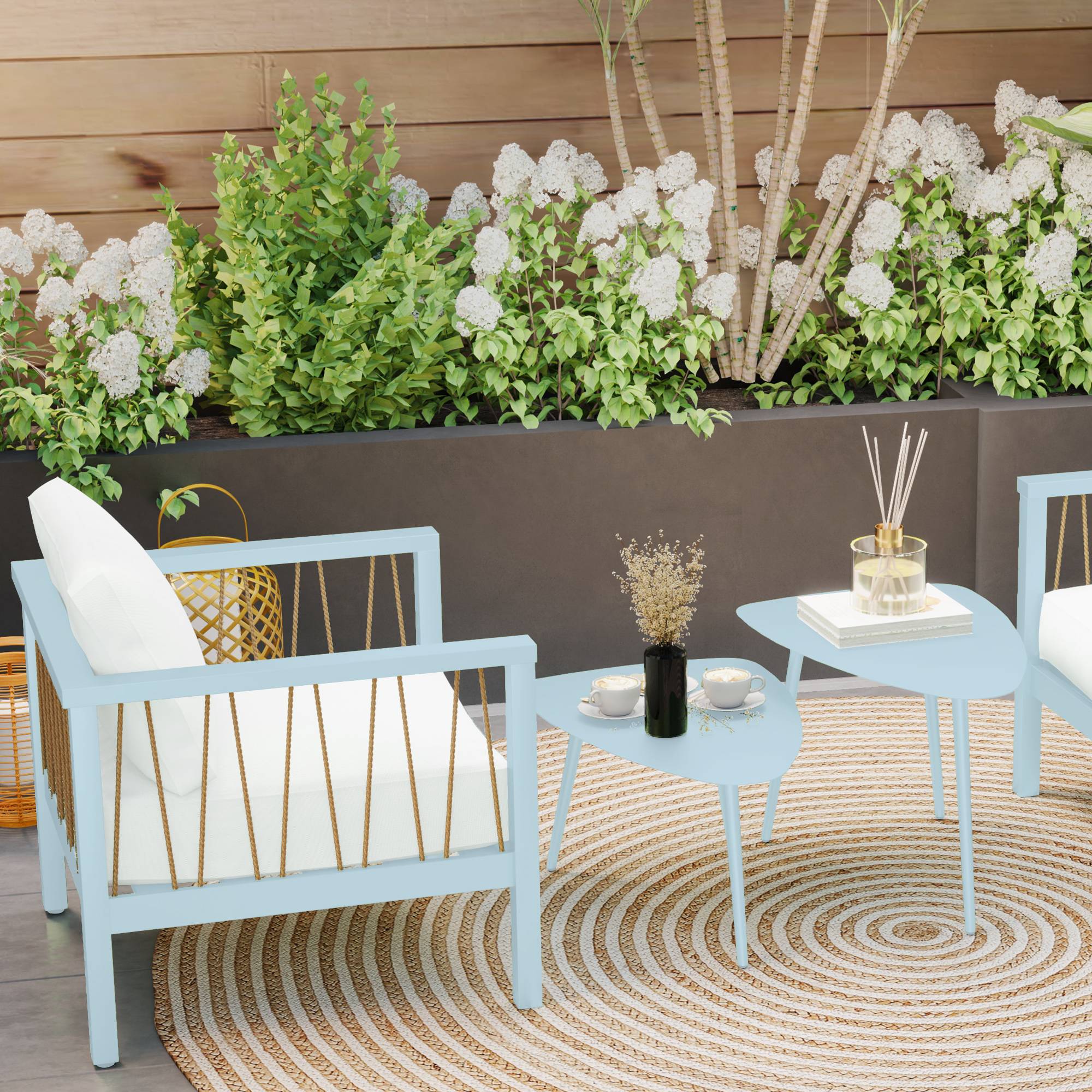 Sans Marque - Lot 2 tables basses jardin gigognes triangulaires acier patins ajustables bleu clair - Image 3