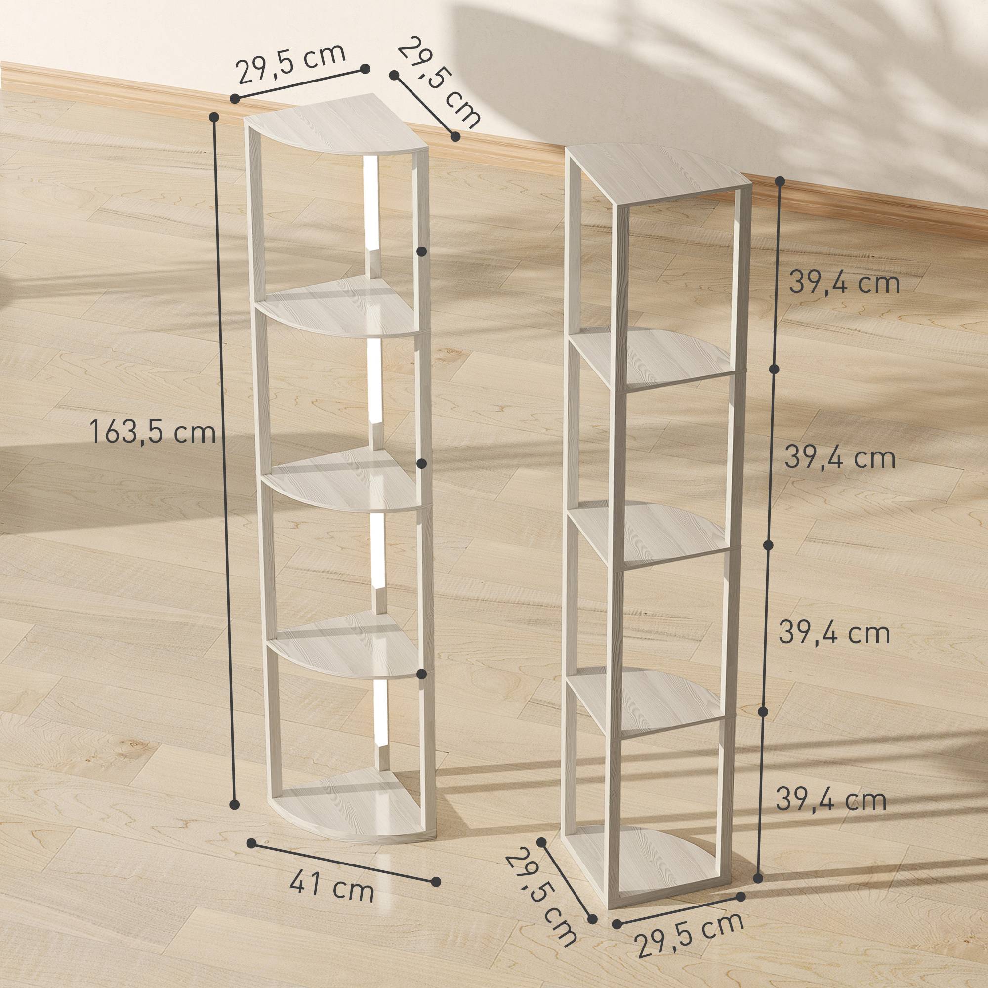Lampadaire LED d'angle, étagère à intensité variable, 4 étagères, lumière blanc chaud, 41 x 30 x 164 cm, chêne - Image 5