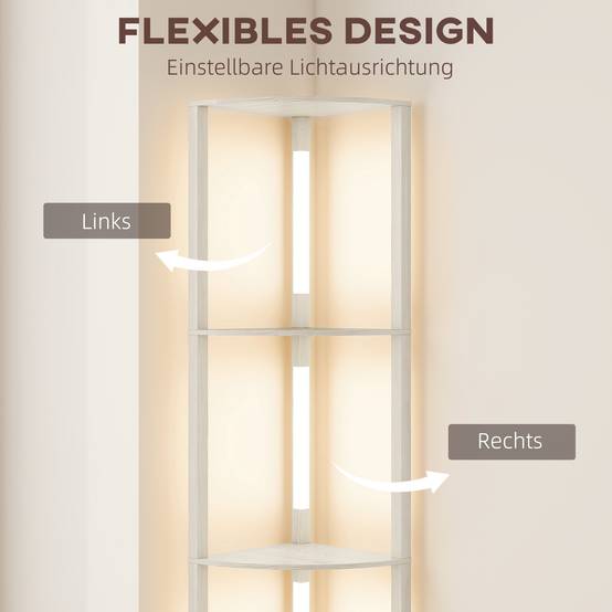 Lampadaire LED d'angle, étagère à intensité variable, 4 étagères, lumière blanc chaud, 41 x 30 x 164 cm, chêne - Image 8