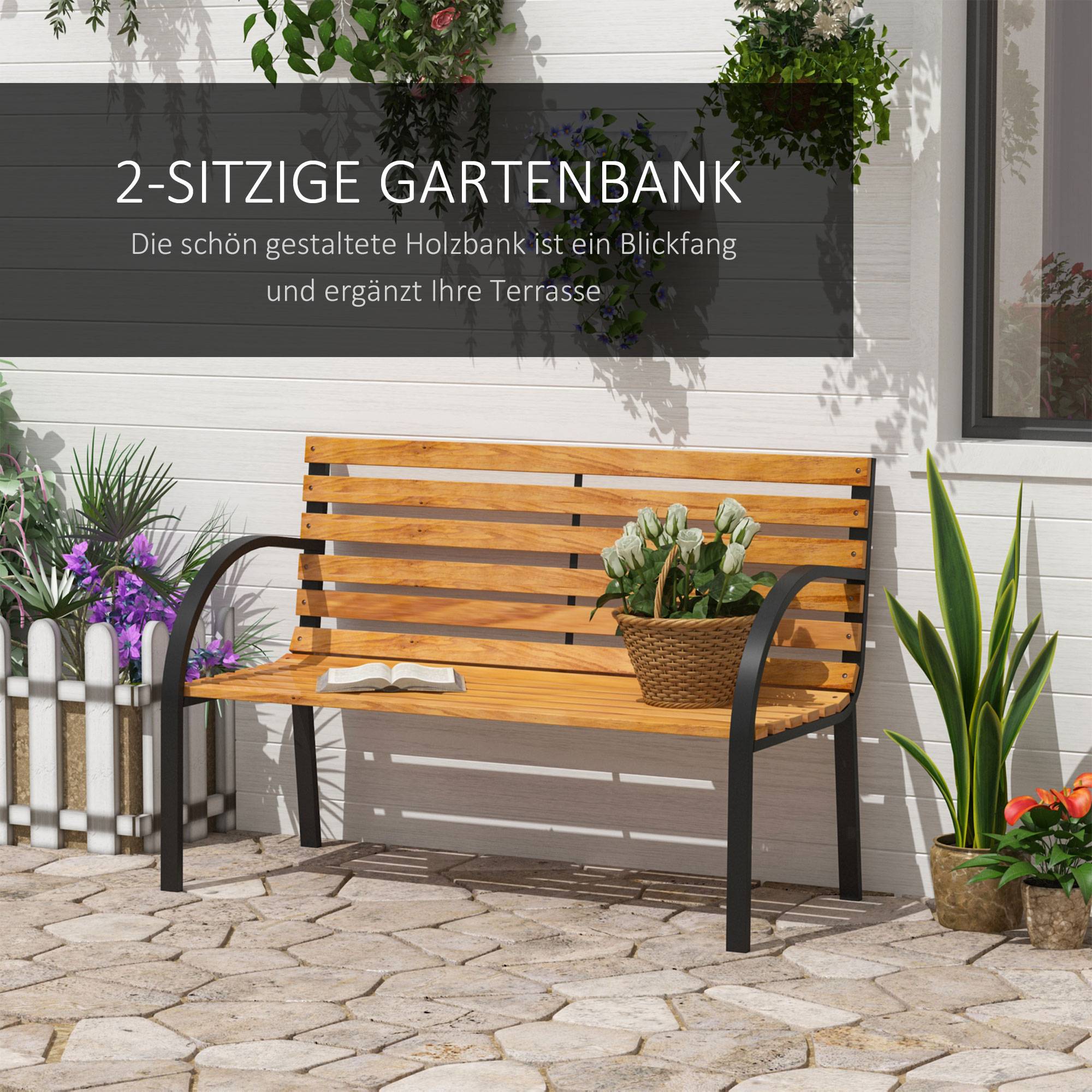 ComfortXL - Banc de jardin 2 places acier et pin naturel 122 x 60 x 83 cm balcon terrasse style industriel confortable - Image 5