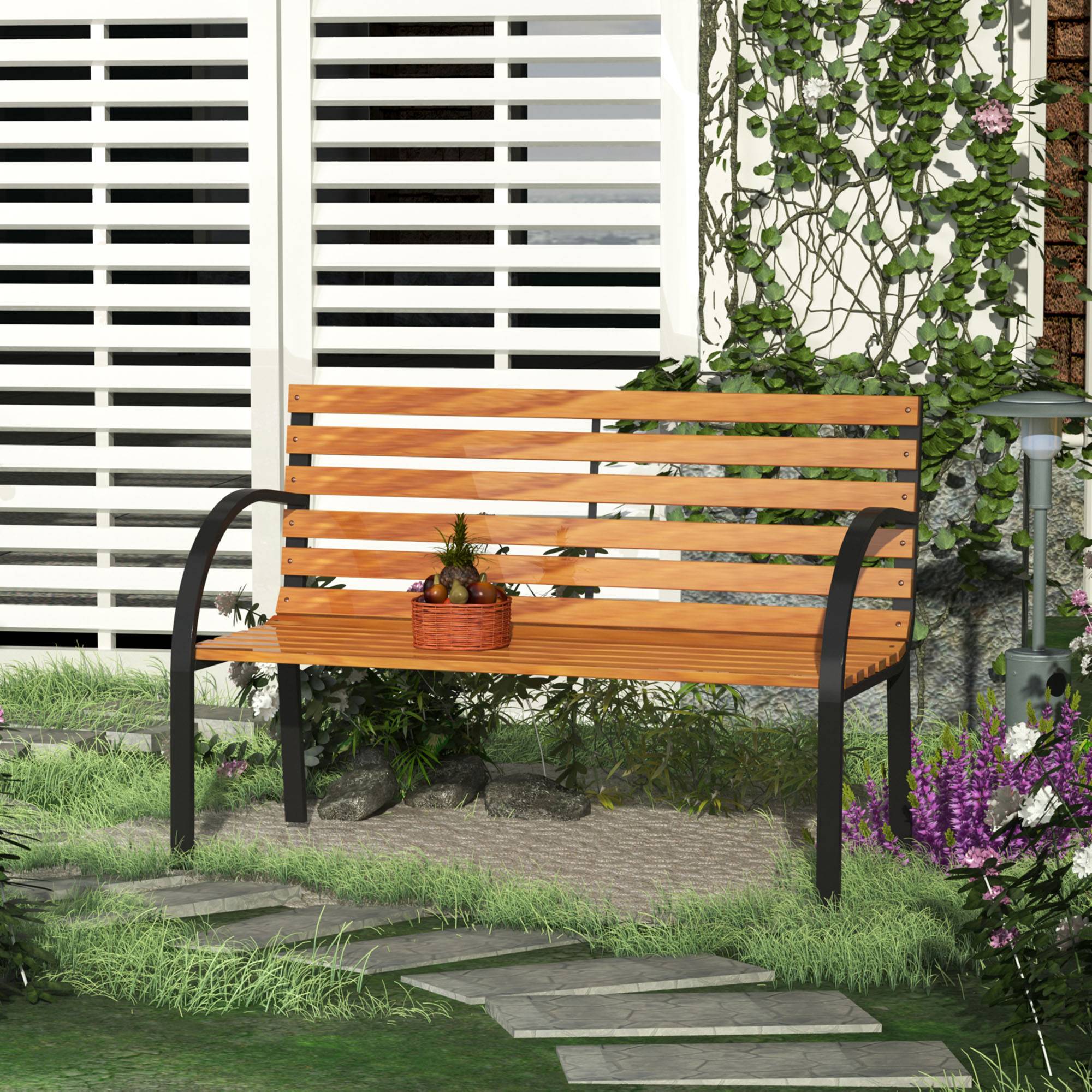 ComfortXL - Banc de jardin 2 places acier et pin naturel 122 x 60 x 83 cm balcon terrasse style industriel confortable - Image 1