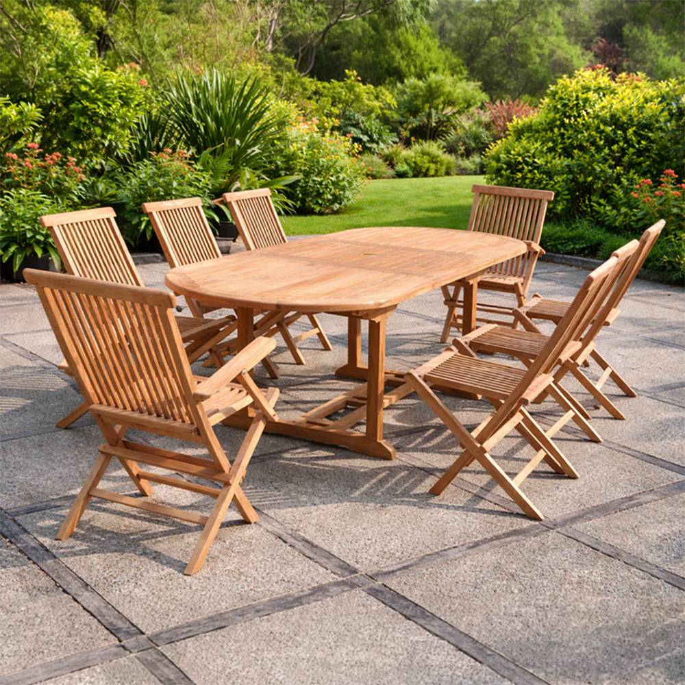 Salon de jardin Teck 10 places Table ovale 6 chaises 2 fauteuils KAJANG - Image 2