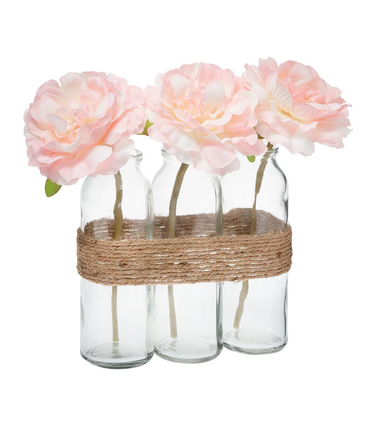 Composition artificielle de 3 Roses dans 3 Vases en verre liés par une corde - Imagen 1
