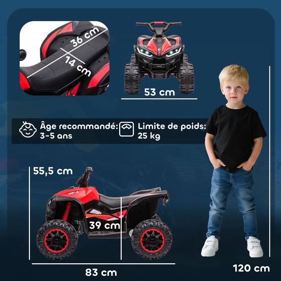 Quad électrique enfant de 3 à 5 ans 12 V 2 moteurs 2 vitesses 3-6 km/h phares LED klaxon rouge - Image 5