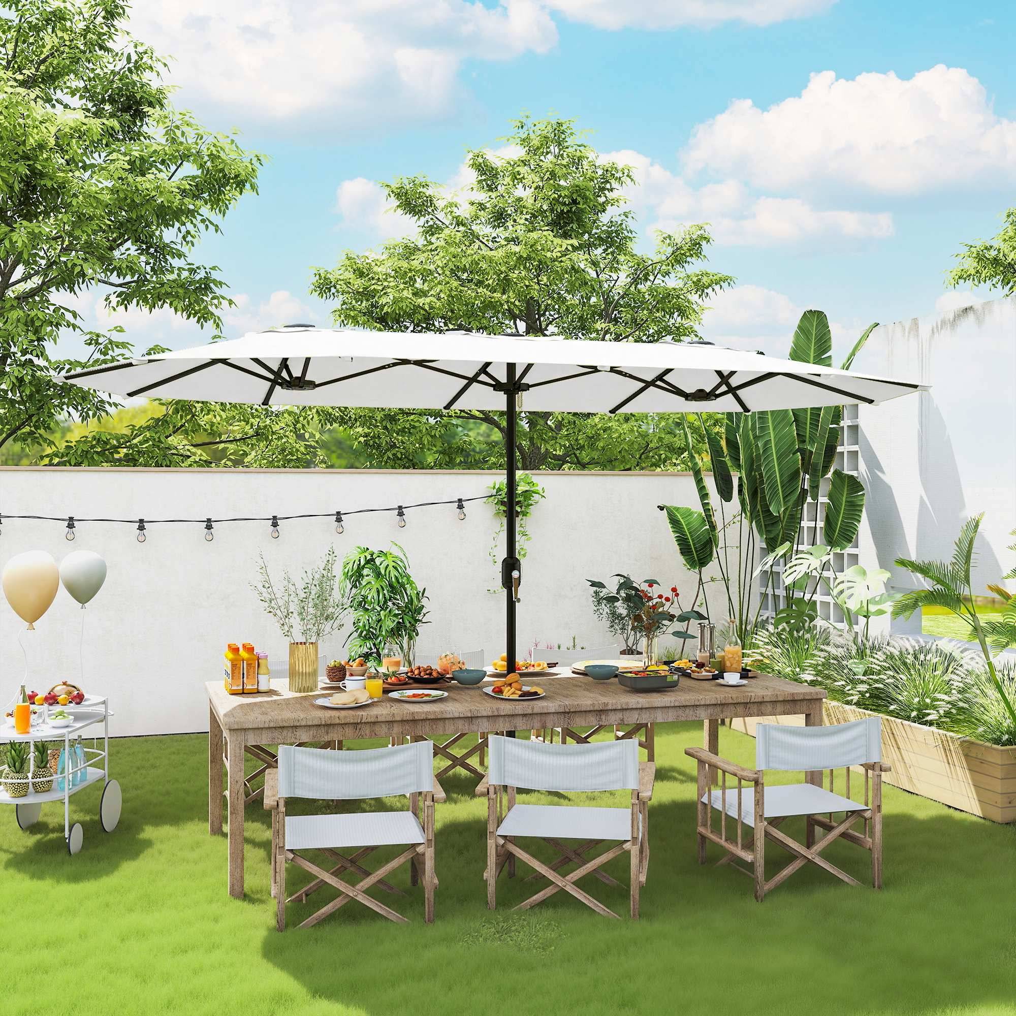 Parasol double jardin 4,6x2,6 m, manivelle manuelle, UV50+, housse resistant eau, blanc - Image 4