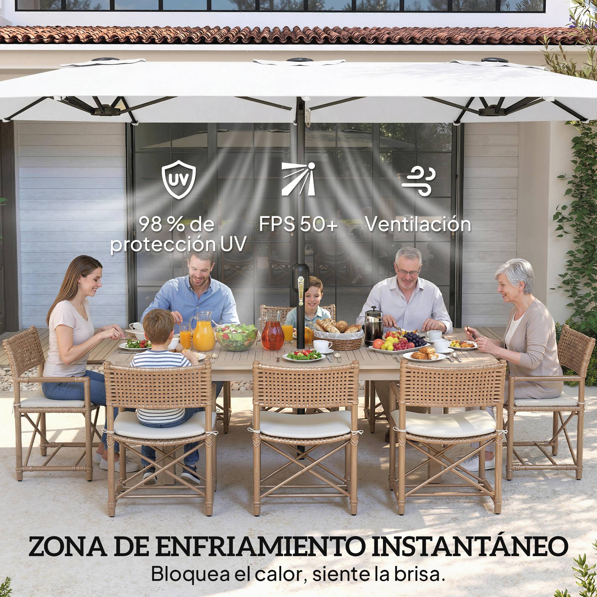 Parasol double jardin 4,6x2,6 m, manivelle manuelle, UV50+, housse resistant eau, blanc - Image 7