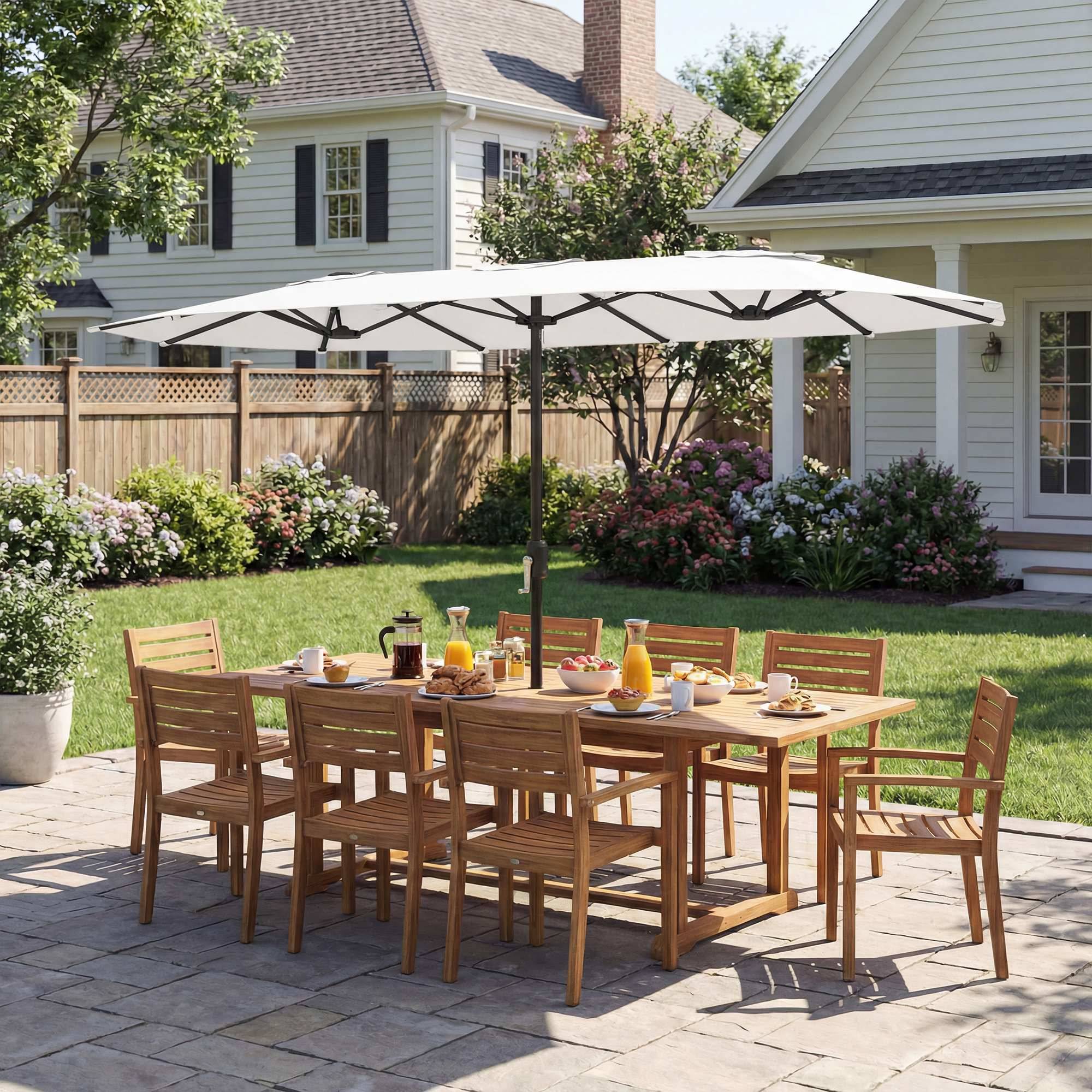 Parasol double jardin 4,6x2,6 m, manivelle manuelle, UV50+, housse resistant eau, blanc - Image 10