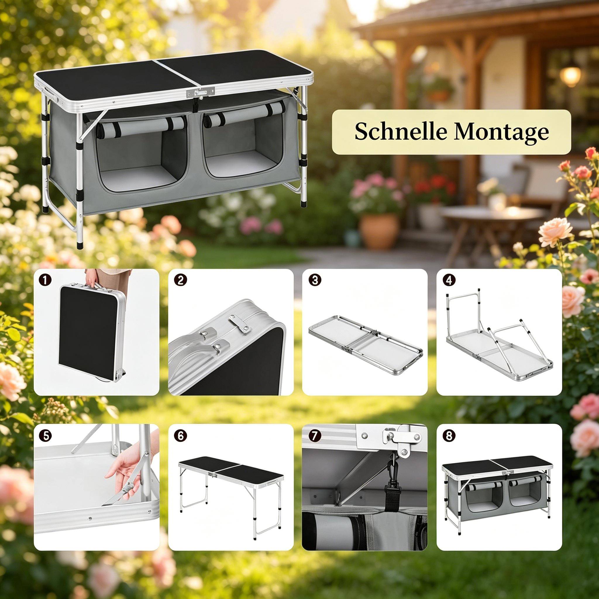 Table de camping pliante aluminium jardin pique-nique rangement réglable 120x47 noir gris - ComfortXL Outdoor Living - Image 3