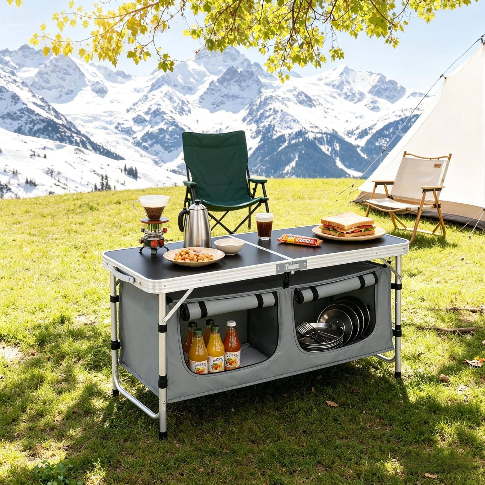 Table de camping pliante aluminium jardin pique-nique rangement réglable 120x47 noir gris - ComfortXL Outdoor Living - Image 6