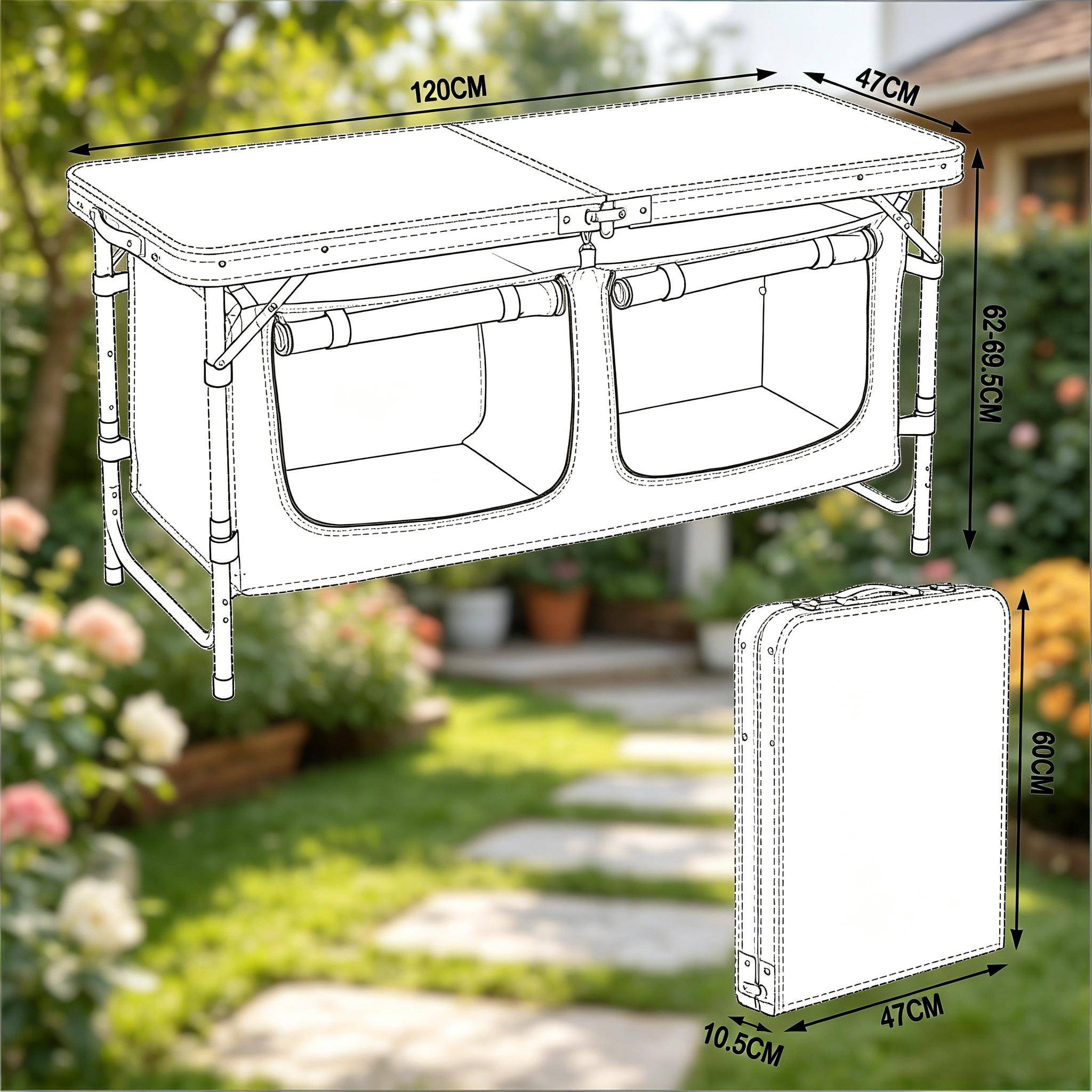 Table de camping pliante aluminium jardin pique-nique rangement réglable 120x47 noir gris - ComfortXL Outdoor Living - Image 8
