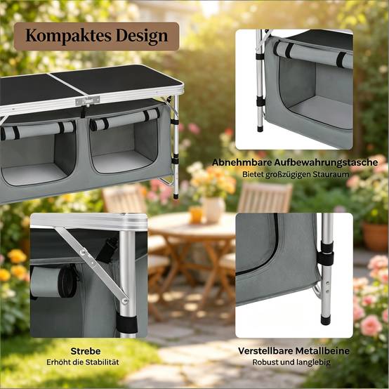 Table de camping pliante aluminium jardin pique-nique rangement réglable 120x47 noir gris - ComfortXL Outdoor Living - Image 5