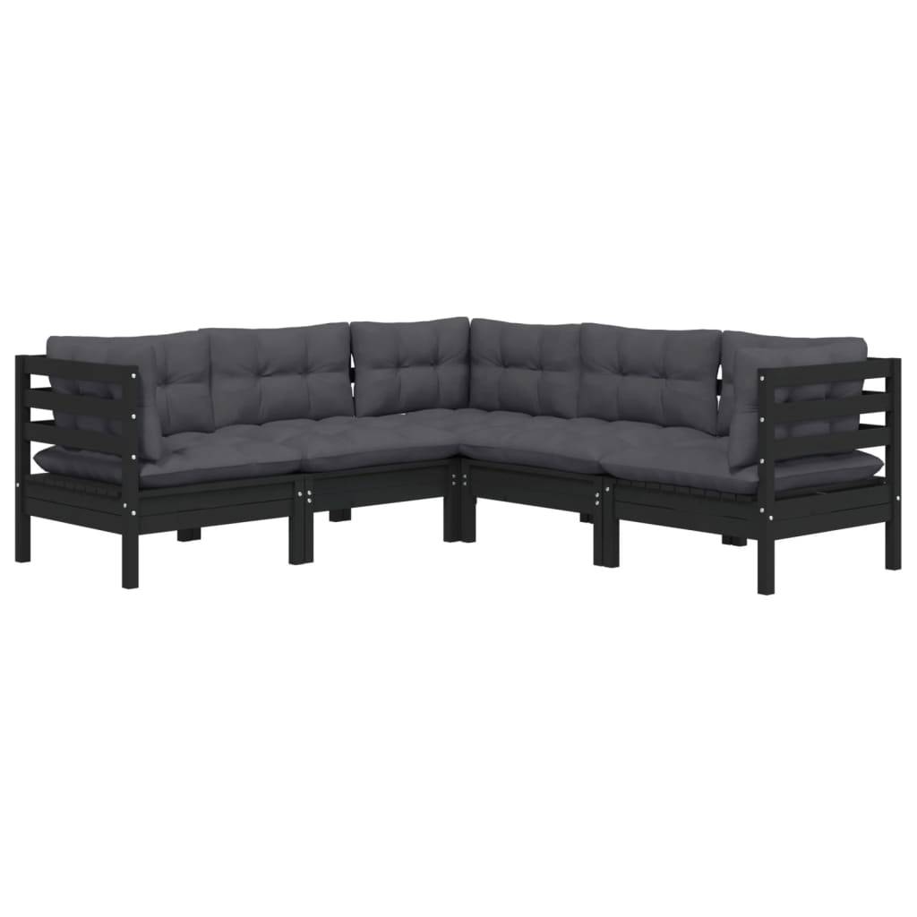 Helloshop26 - Salon de jardin meuble d'extérieur ensemble de mobilier 5 pièces avec coussins noir bois de pin solide - Imagen 1