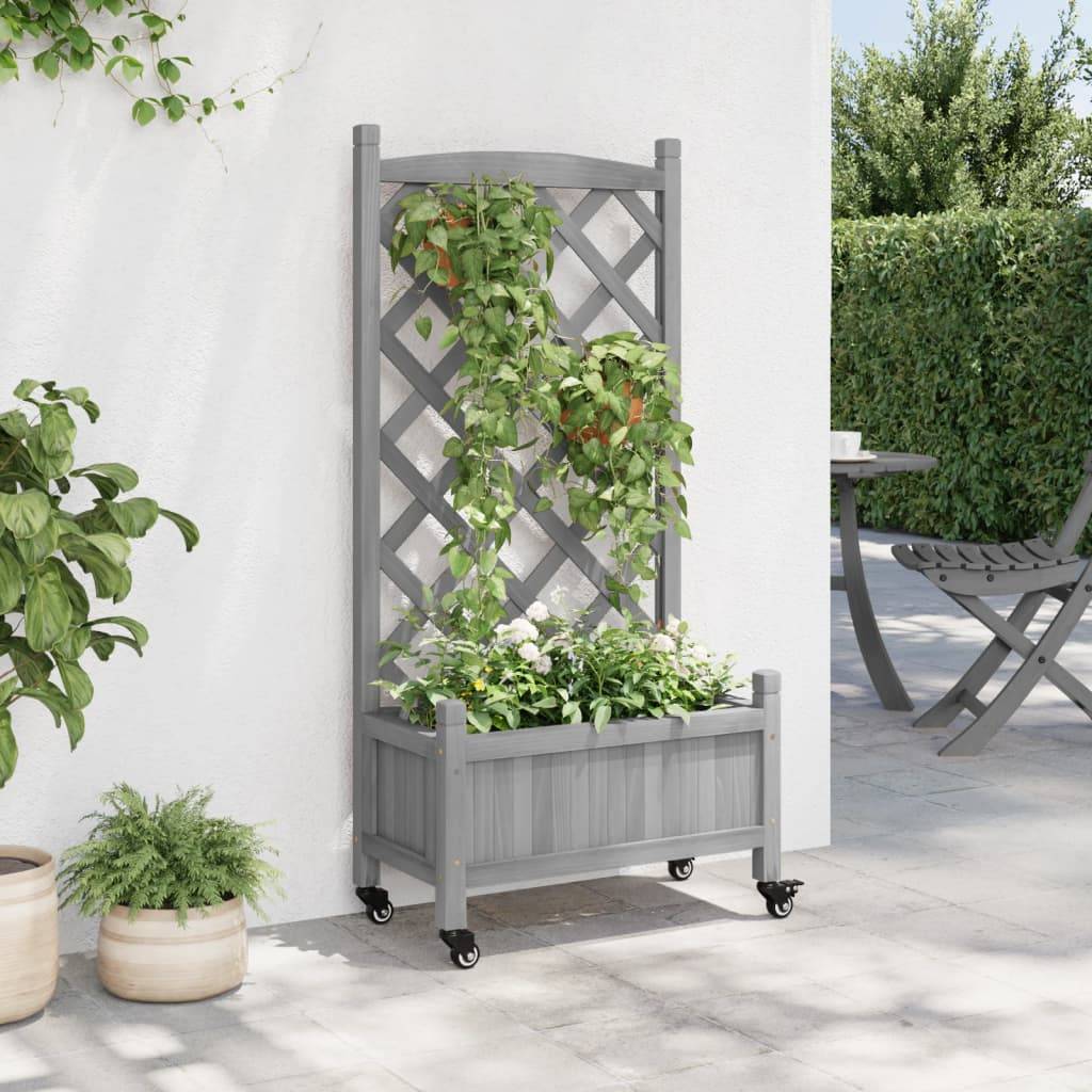 Jardinière avec treillis et roues bois de sapin gris 55 x 29.5 x 117.5 cm - PANGIVO - Image 3