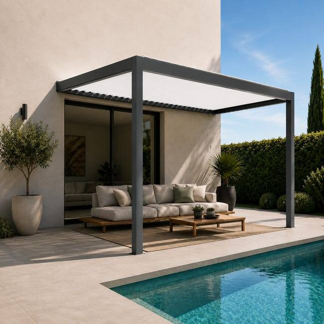 Pergola Bioclimatique Aluminium Adossée Anthracite 4x3,5 Manuelle S ORIAL France