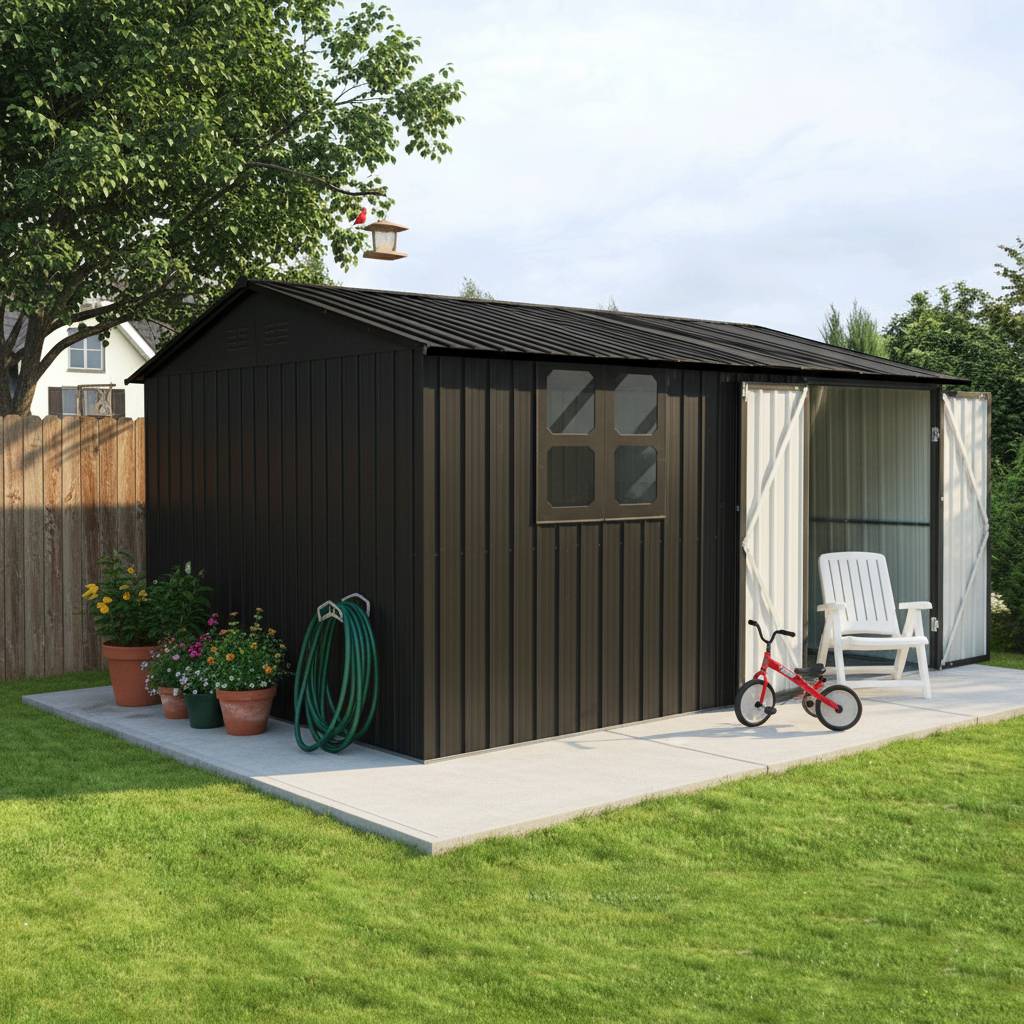 Abri de jardin métal extérieur avec établi et étagères 10,34m2 noir - ComfortXL Outdoor Living - Image 1