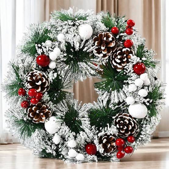 Couronne de Noël de 30 cm, guirlande de porte avec boule de Noël, nœud de fleurs et baies pour porte d'entrée, cheminée et décoration murale - Image 2