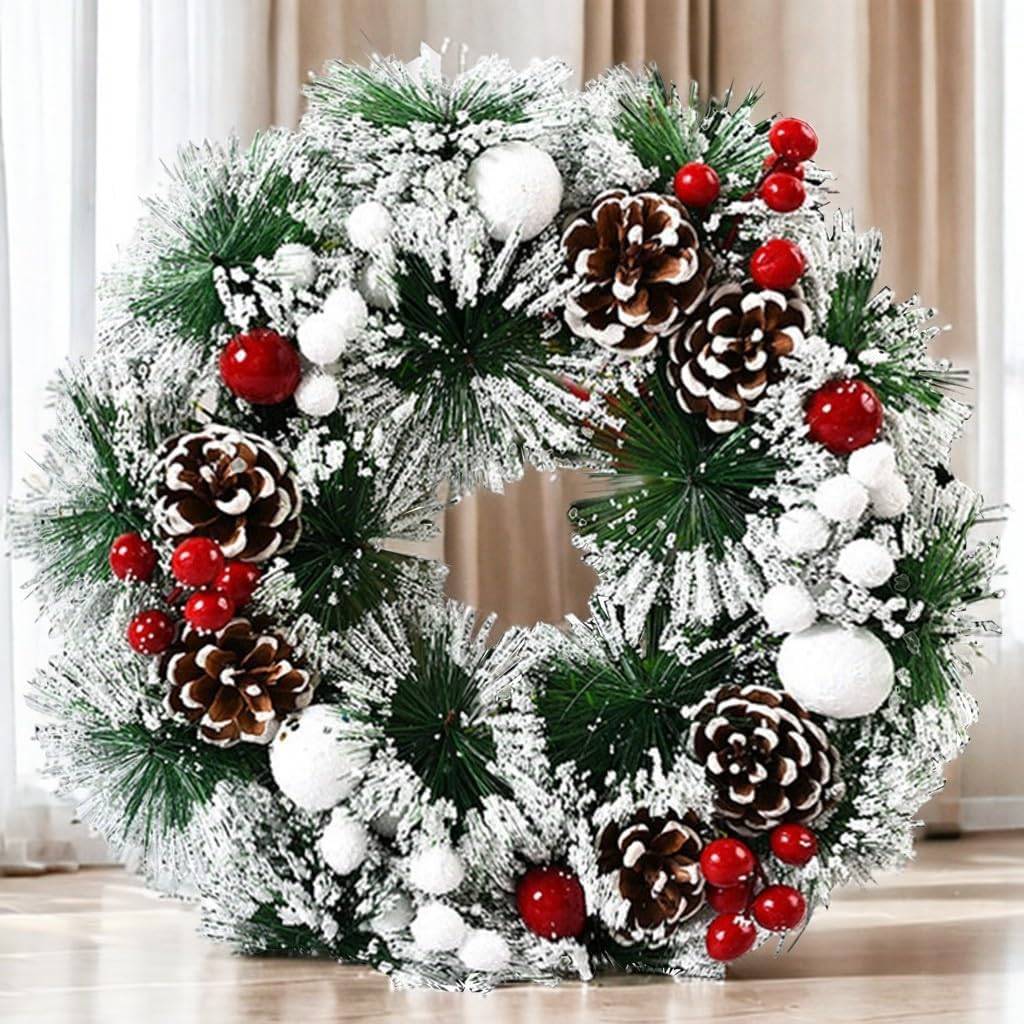 Couronne de Noël de 30 cm, guirlande de porte avec boule de Noël, nœud de fleurs et baies pour porte d'entrée, cheminée et décoration murale - Image 2