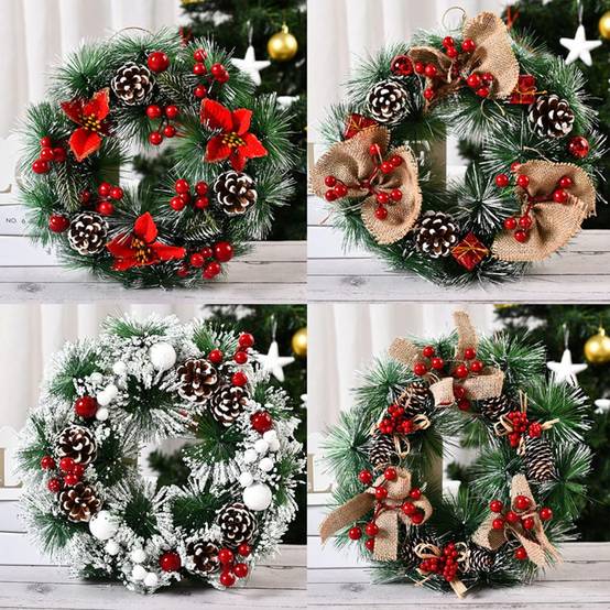 Couronne de Noël de 30 cm, guirlande de porte avec boule de Noël, nœud de fleurs et baies pour porte d'entrée, cheminée et décoration murale - Image 5