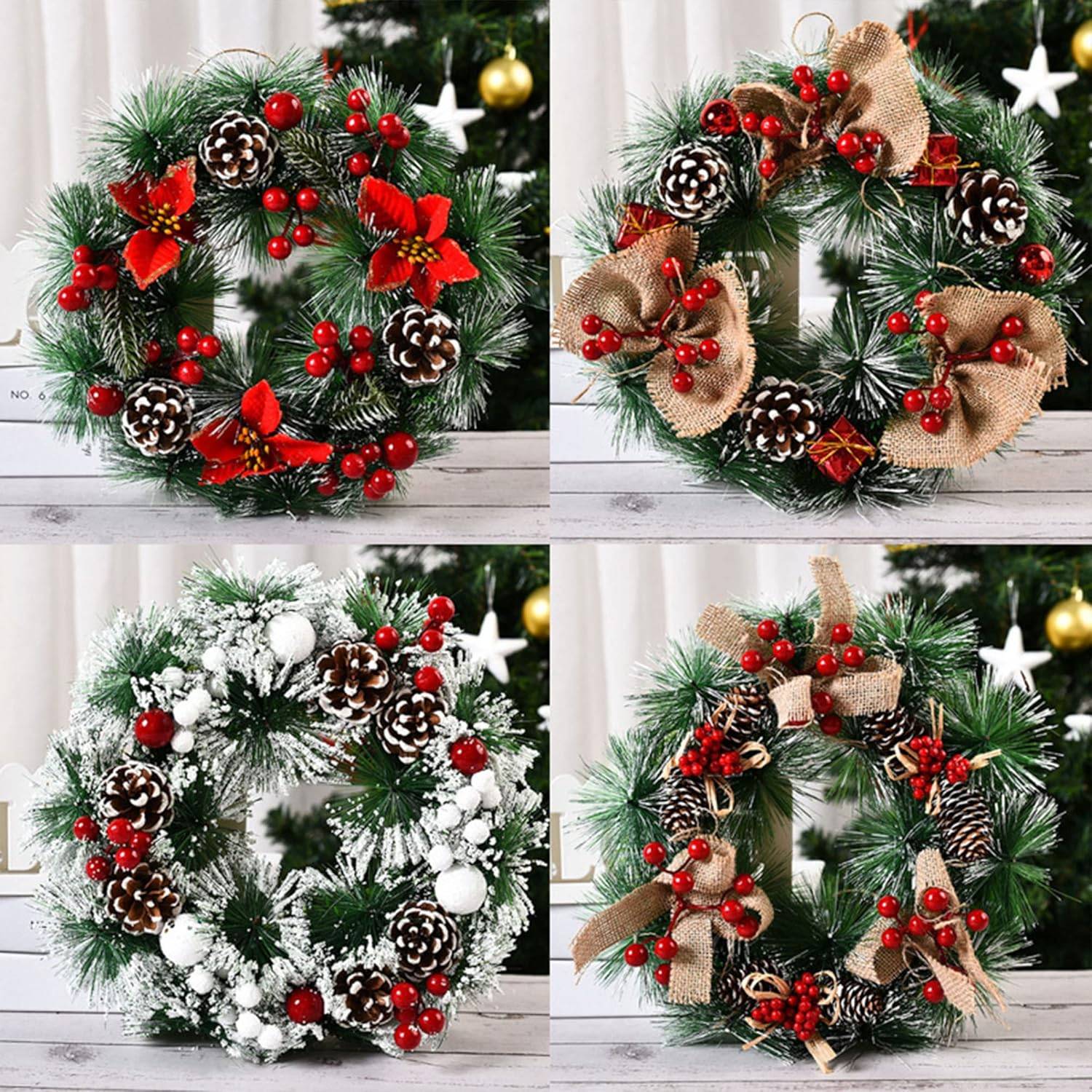 Couronne de Noël de 30 cm, guirlande de porte avec boule de Noël, nœud de fleurs et baies pour porte d'entrée, cheminée et décoration murale - Image 5
