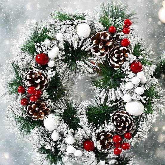 Couronne de Noël de 30 cm, guirlande de porte avec boule de Noël, nœud de fleurs et baies pour porte d'entrée, cheminée et décoration murale - Image 3