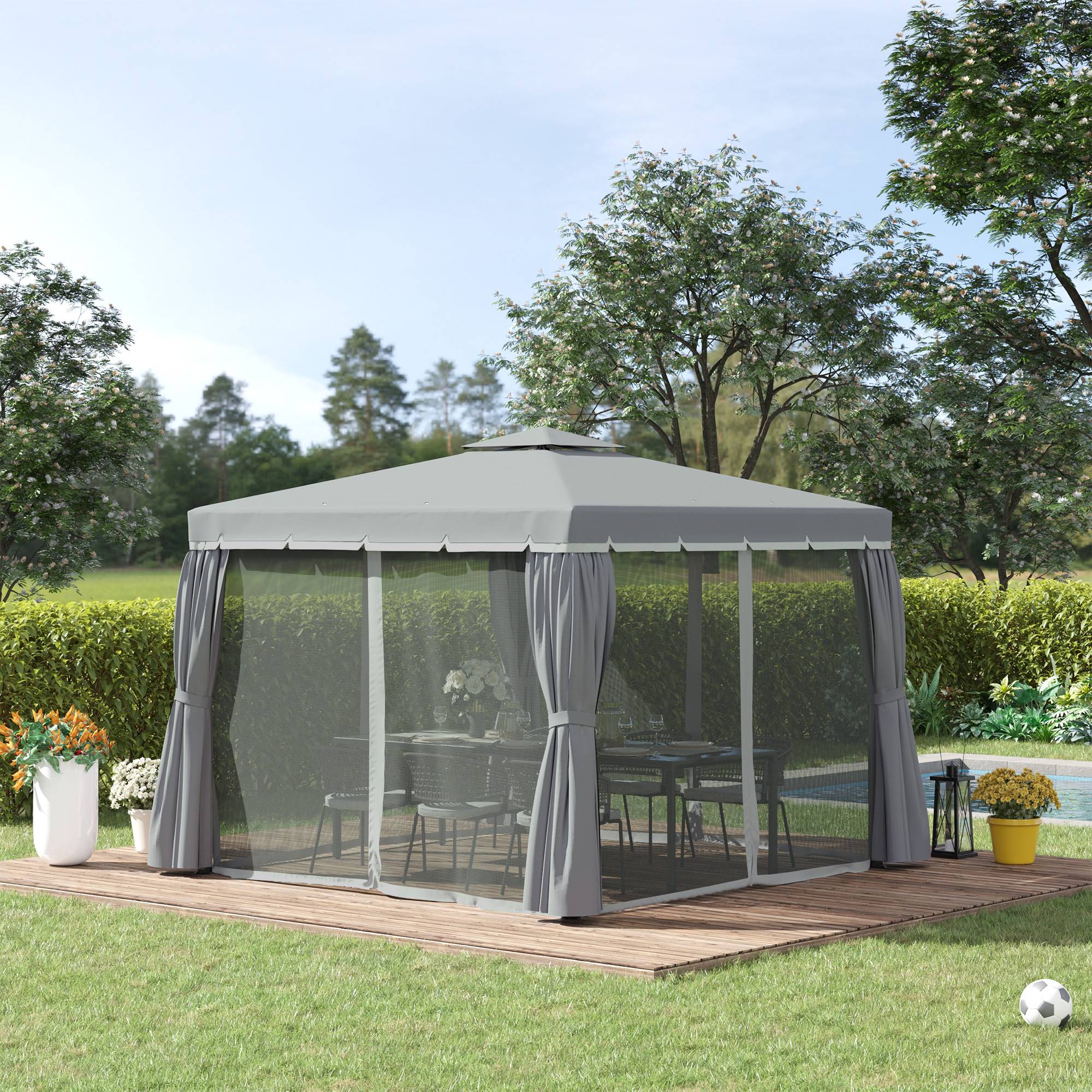 ComfortXL - Tonnelle de jardin aluminium terrasse toit double rideaux moustiquaire 296x296cm gris foncé - ComfortXL Outdoor Living - Image 3