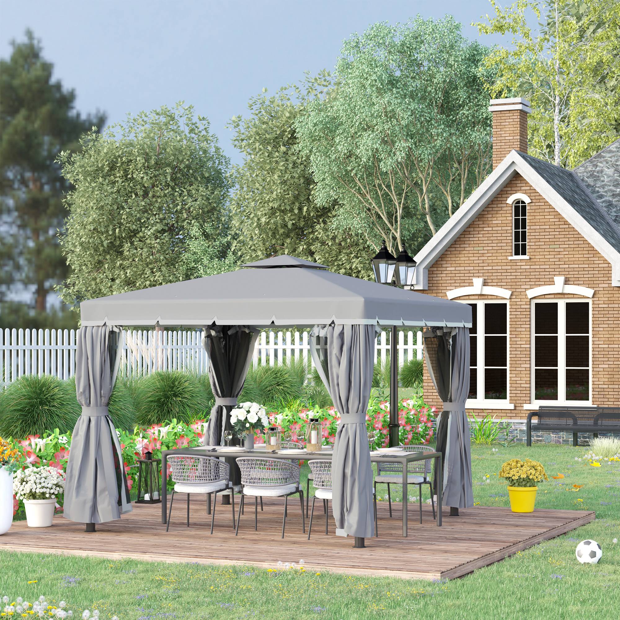 ComfortXL - Tonnelle de jardin aluminium terrasse toit double rideaux moustiquaire 296x296cm gris foncé - ComfortXL Outdoor Living - Image 4
