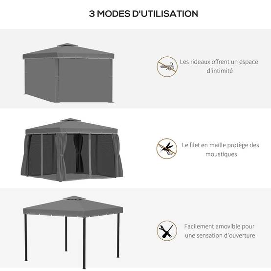 ComfortXL - Tonnelle de jardin aluminium terrasse toit double rideaux moustiquaire 296x296cm gris foncé - ComfortXL Outdoor Living - Image 8