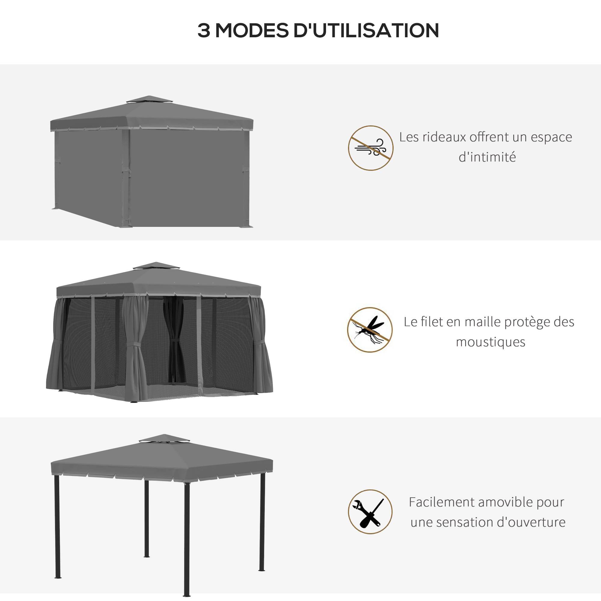 ComfortXL - Tonnelle de jardin aluminium terrasse toit double rideaux moustiquaire 296x296cm gris foncé - ComfortXL Outdoor Living - Image 8