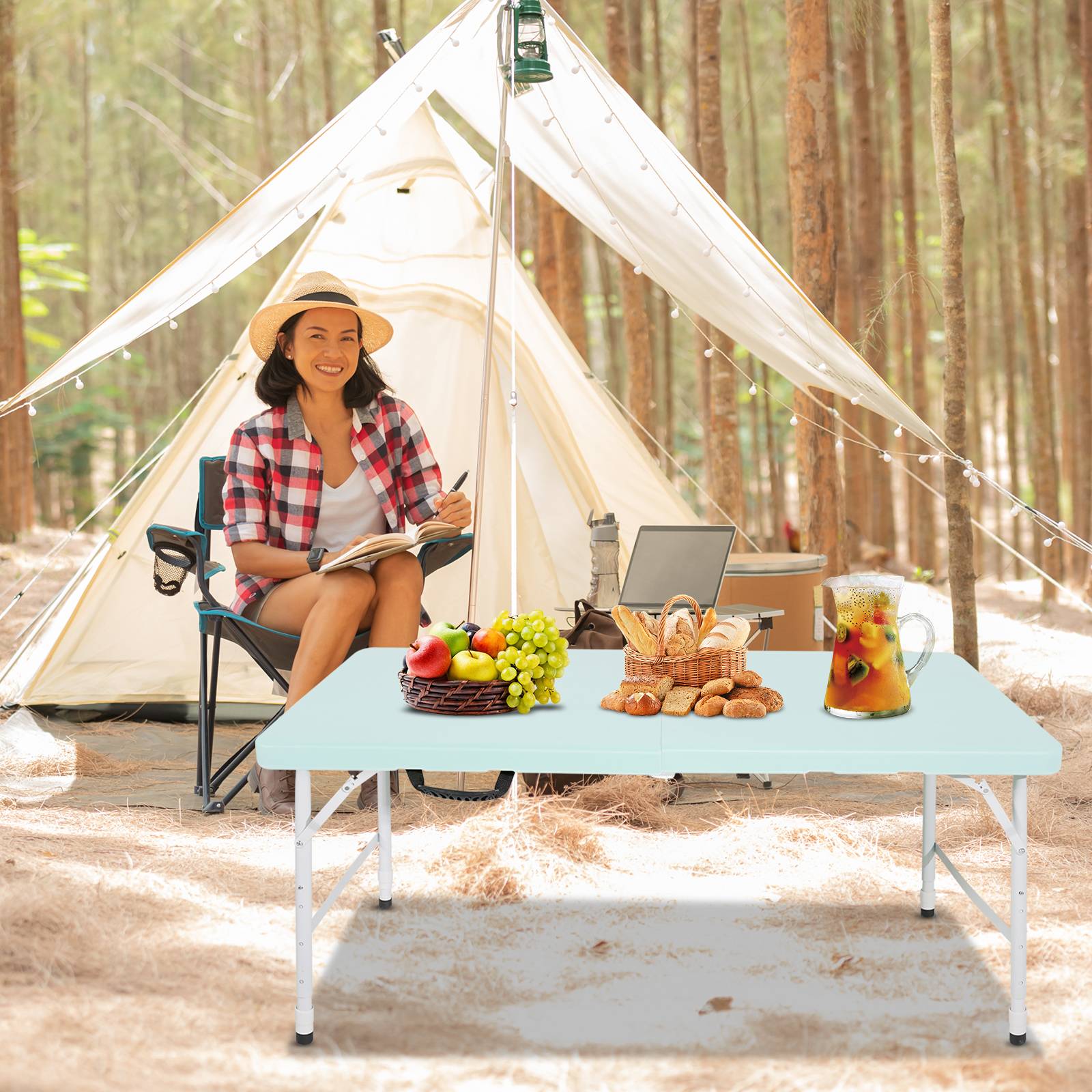 Table pliante robuste 125cm ajustable, usage camping intérieur extérieur charge 135kg bleu - Image 7