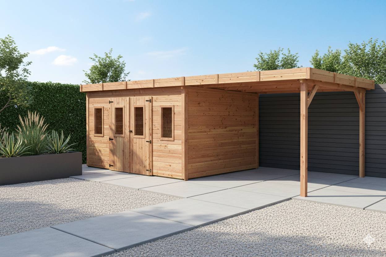 Habrita - Abri Madriers bois massif - 28 mm- surface extérieur 21,38 m2 avec bûcher- Toit plat - couverture polycarbonate - Image 1