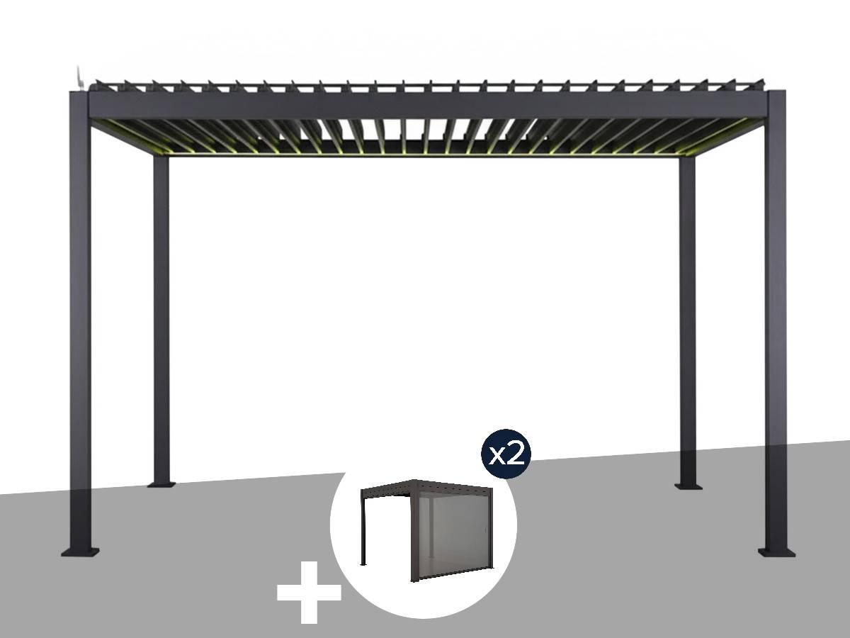 Hesperide - Kit pergola bioclimatique électrique Evora Graphite 4 x 3 m Hespéride + 2 stores 4 m - Image 1